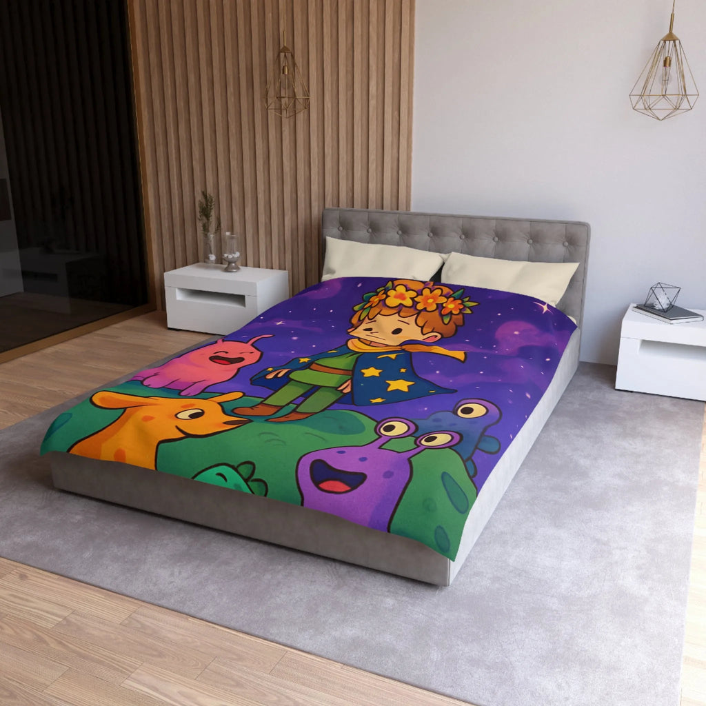 Housse de Couette Colorée Enfantine avec Enfant et Créatures sous Ciel Étoilé