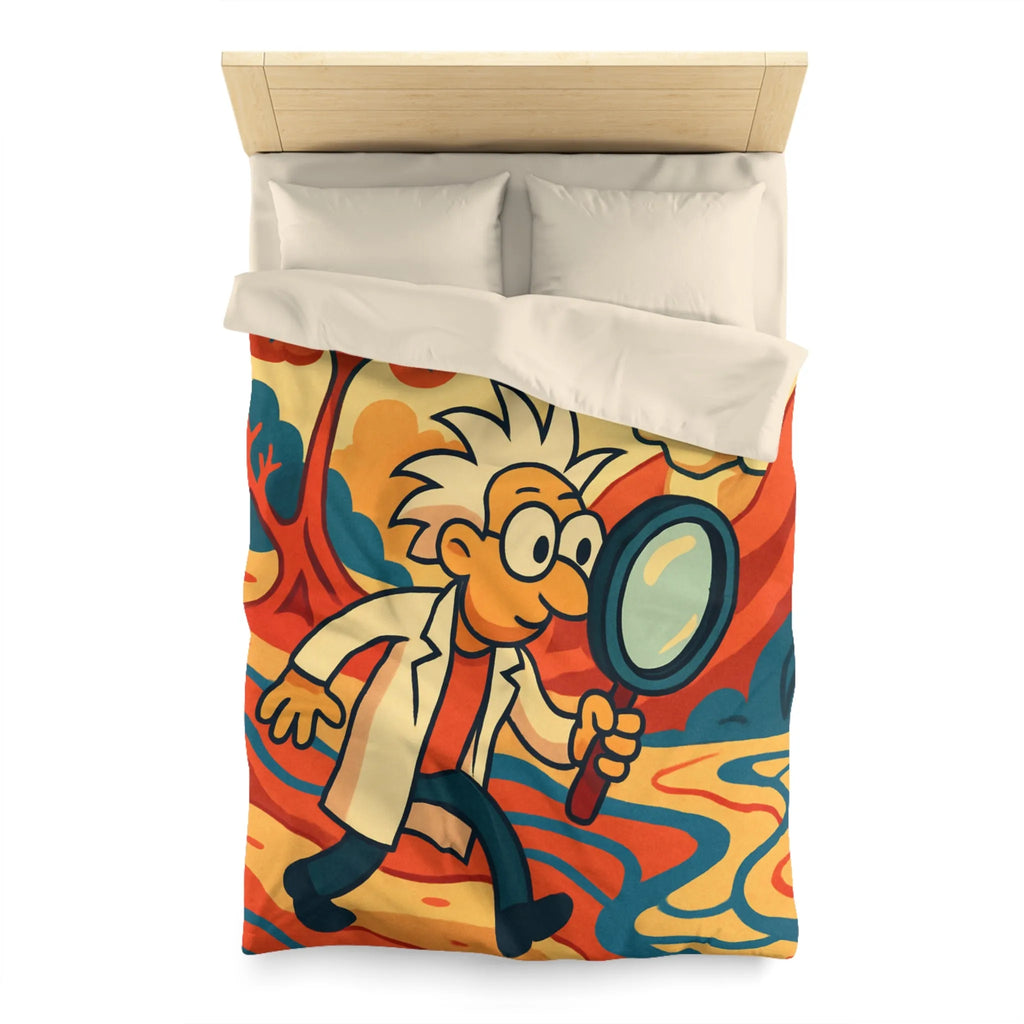 Housse de couette ludique avec personnage scientifique explorant un paysage naturel coloré