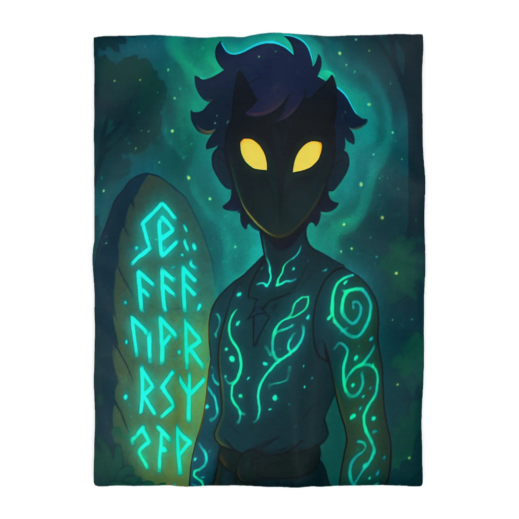 Housse de couette enchantée avec personnage masqué et runes dans une forêt mystique