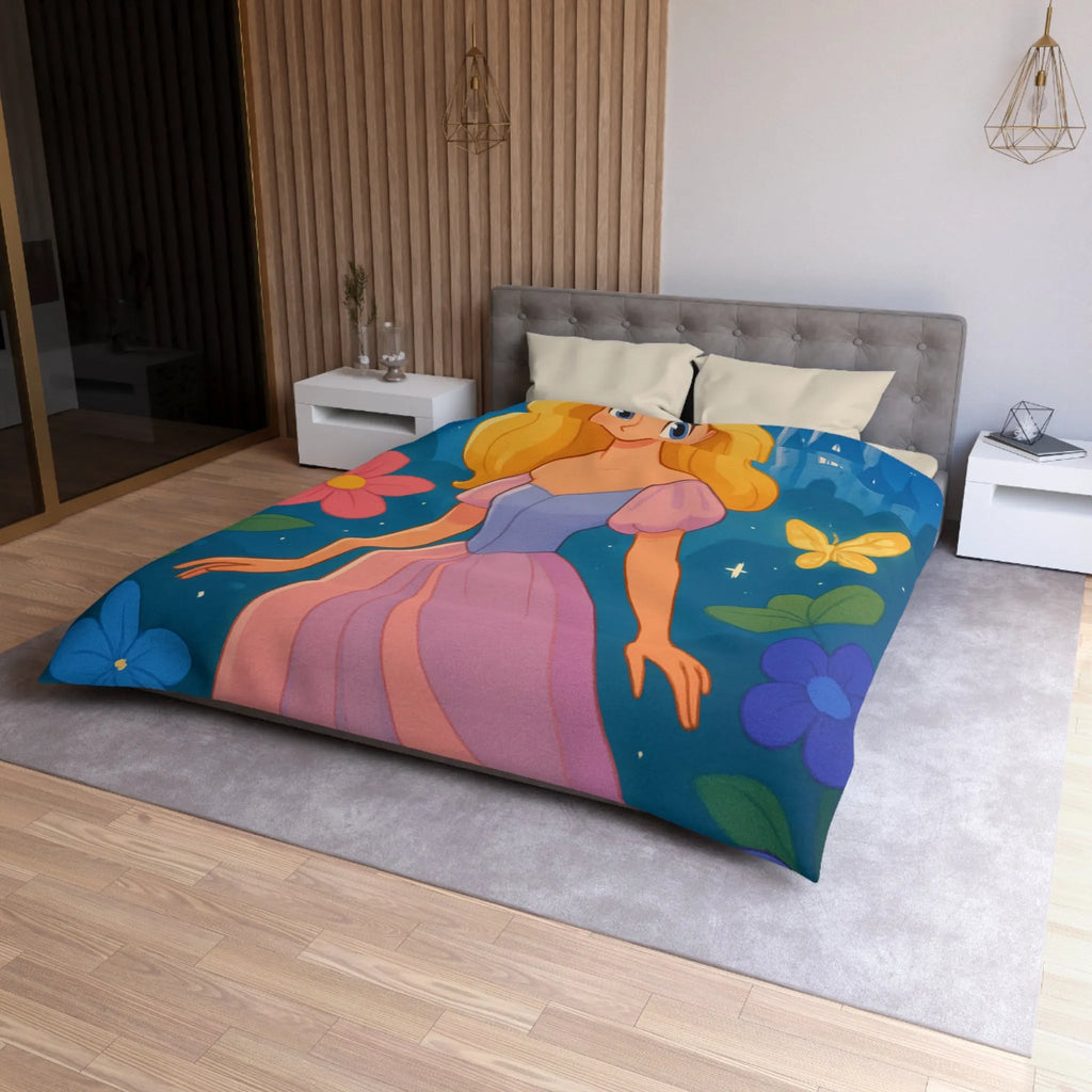 Housse de couette enchantée princesse et château fleurs papillons magique pour chambre enfant