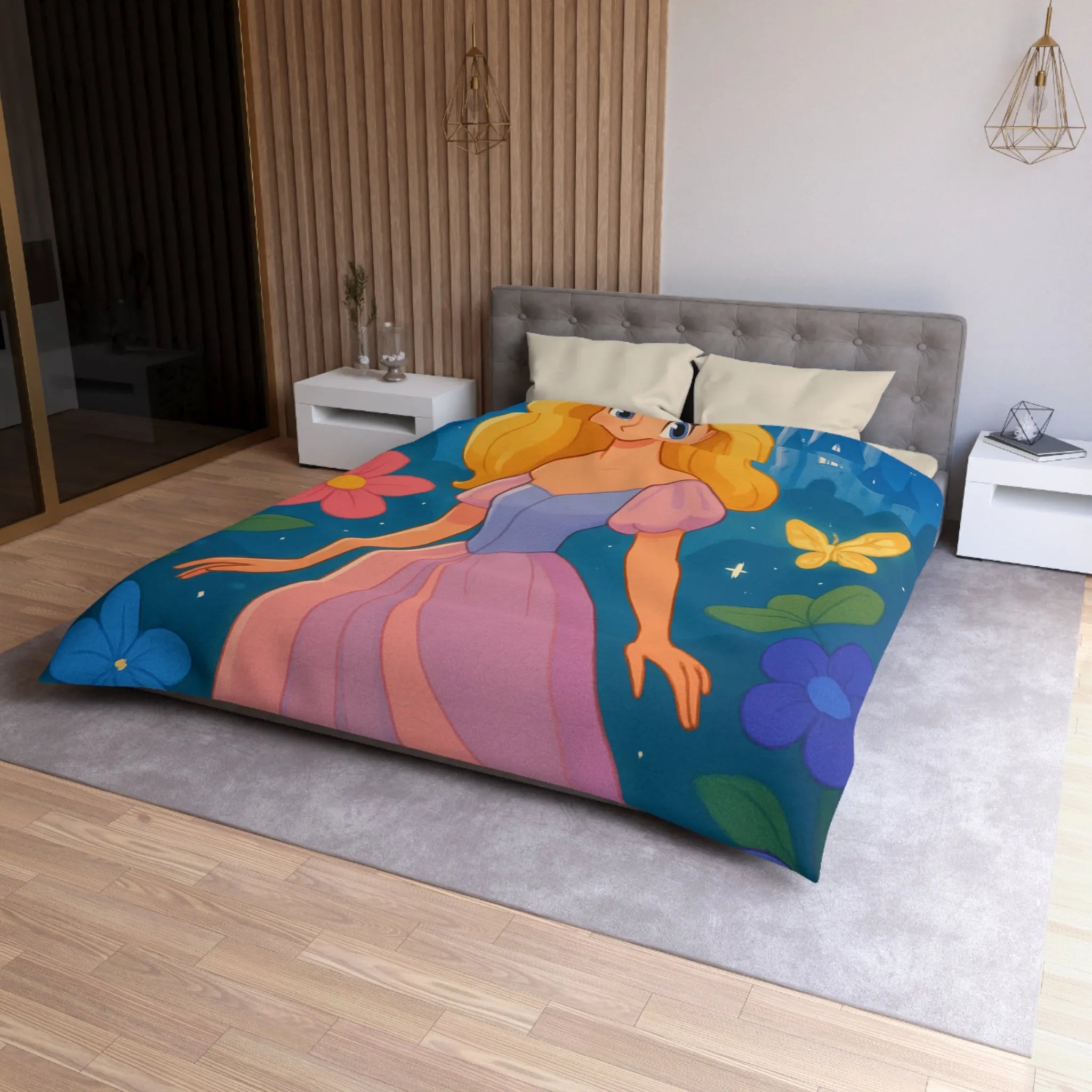 Housse de couette enchantée princesse et château fleurs papillons magique pour chambre enfant