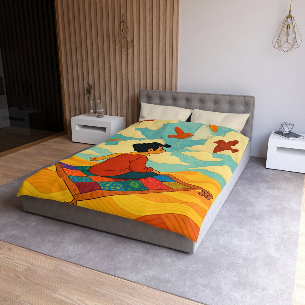 Housse de couette magique avec tapis volant et oiseaux colorés dans le ciel