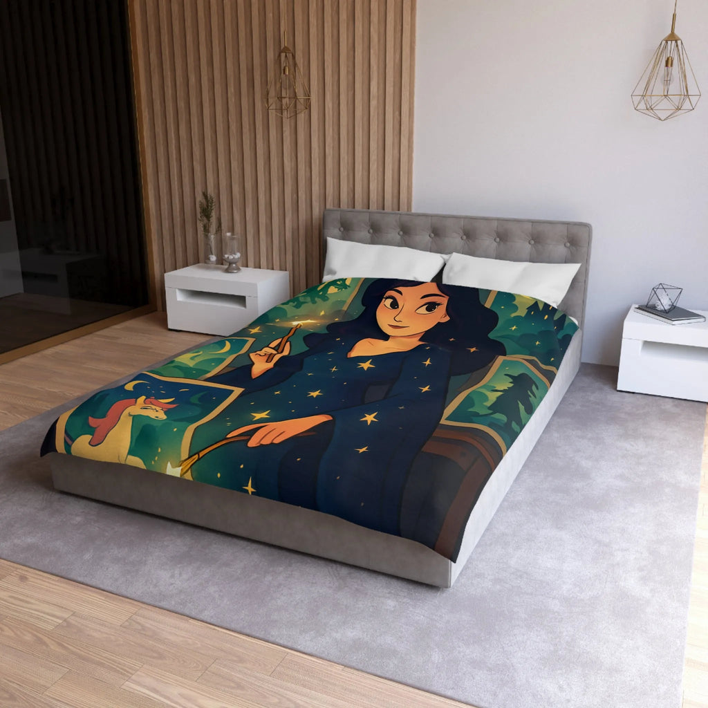 Housse de couette magique avec motif étoilé et créatures fantastiques pour chambre féérique