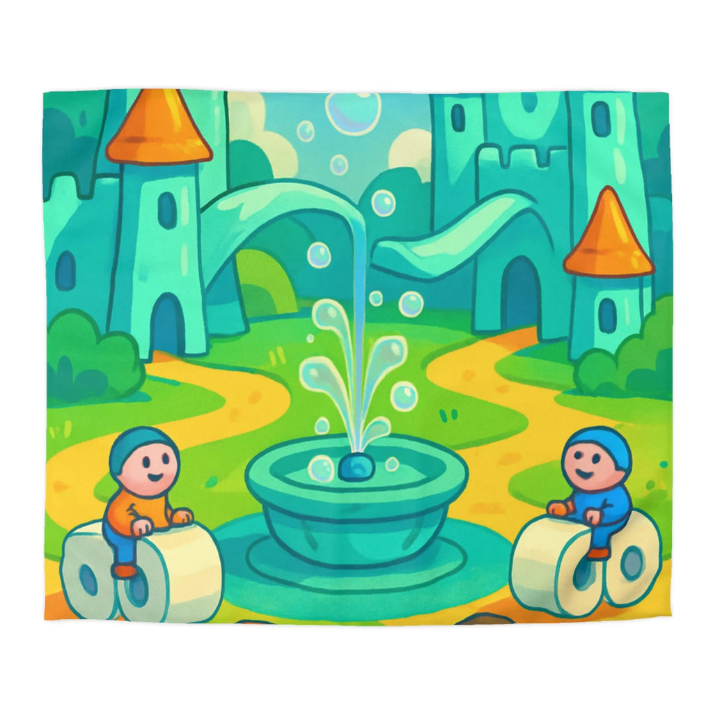 Housse de couette joyeuse avec château et enfants sur routes animées et colorées