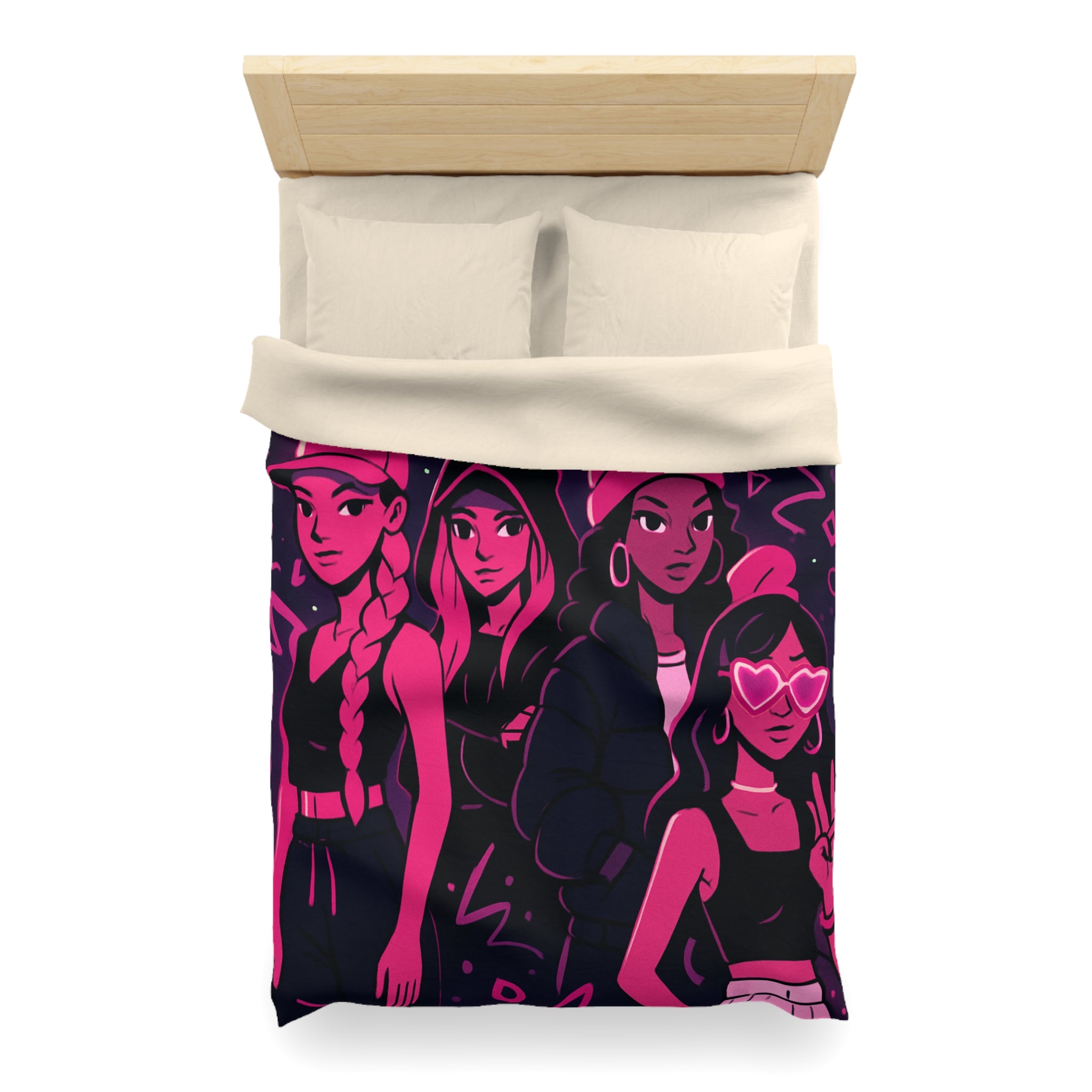 Housse de couette urbaine avec silhouettes féminines et motifs fluorescents nuit étoilée