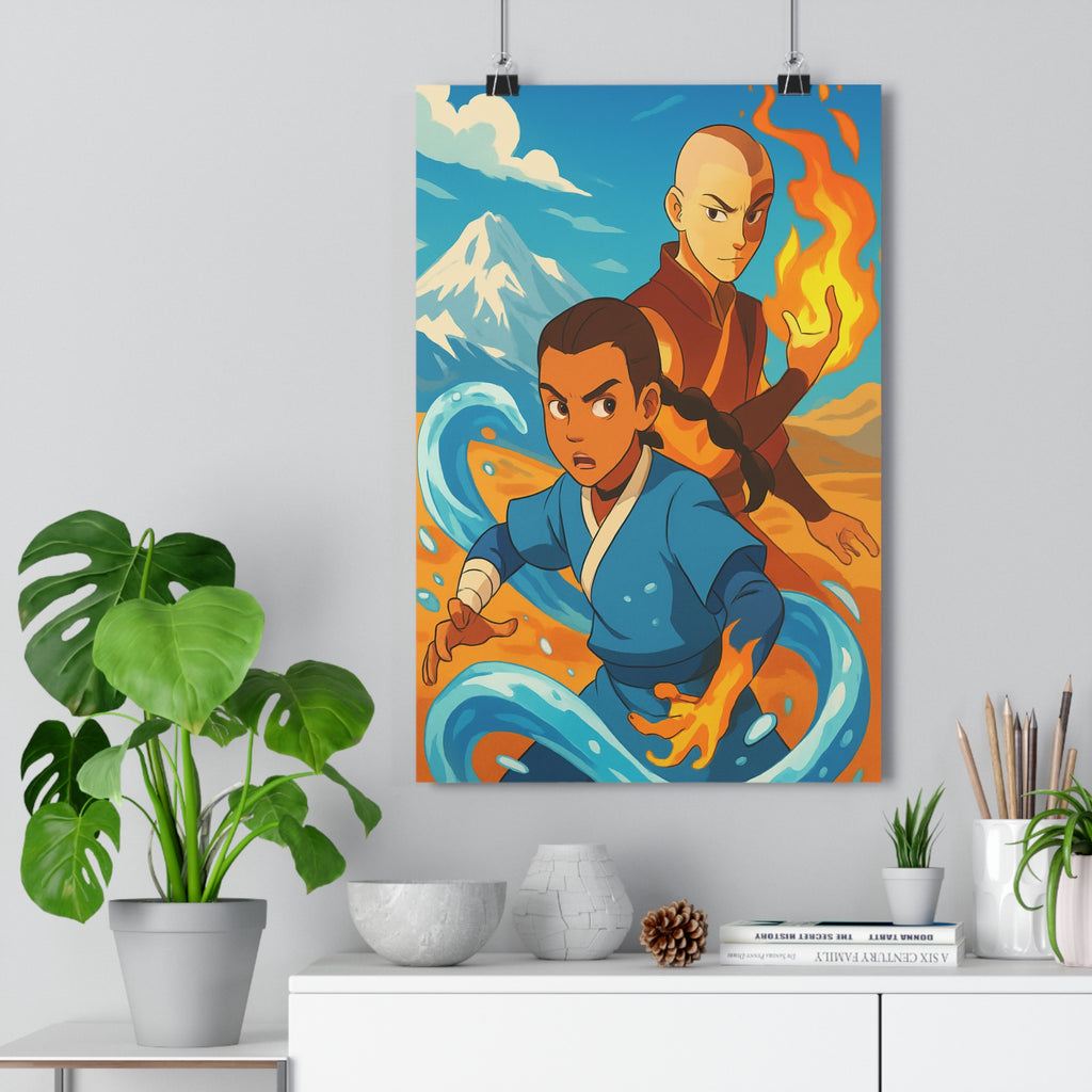 Poster décoratif animé coloré feu eau aventure chambre salon mur inspirations paysage vibrant éléments