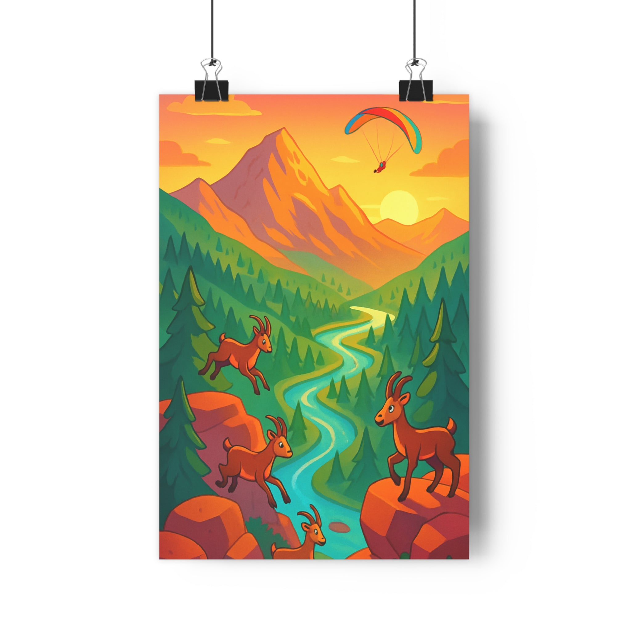 Poster décoratif cartoon pastel montagne chèvre sapin rivière coucher soleil salon apaisant paysage qualité