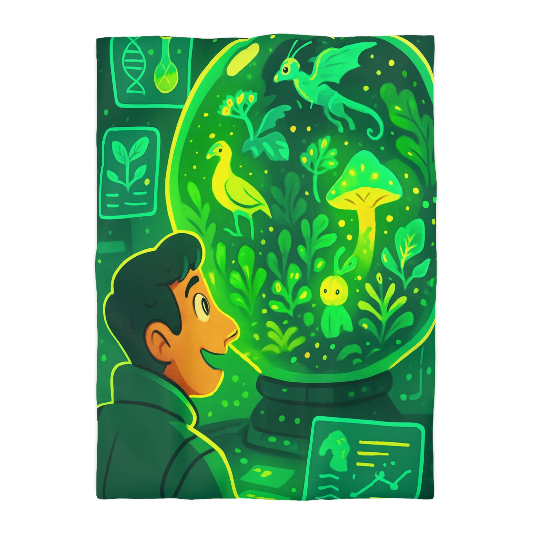 Housse de couette verte forêt magique avec créatures et éléments de laboratoire lumineux