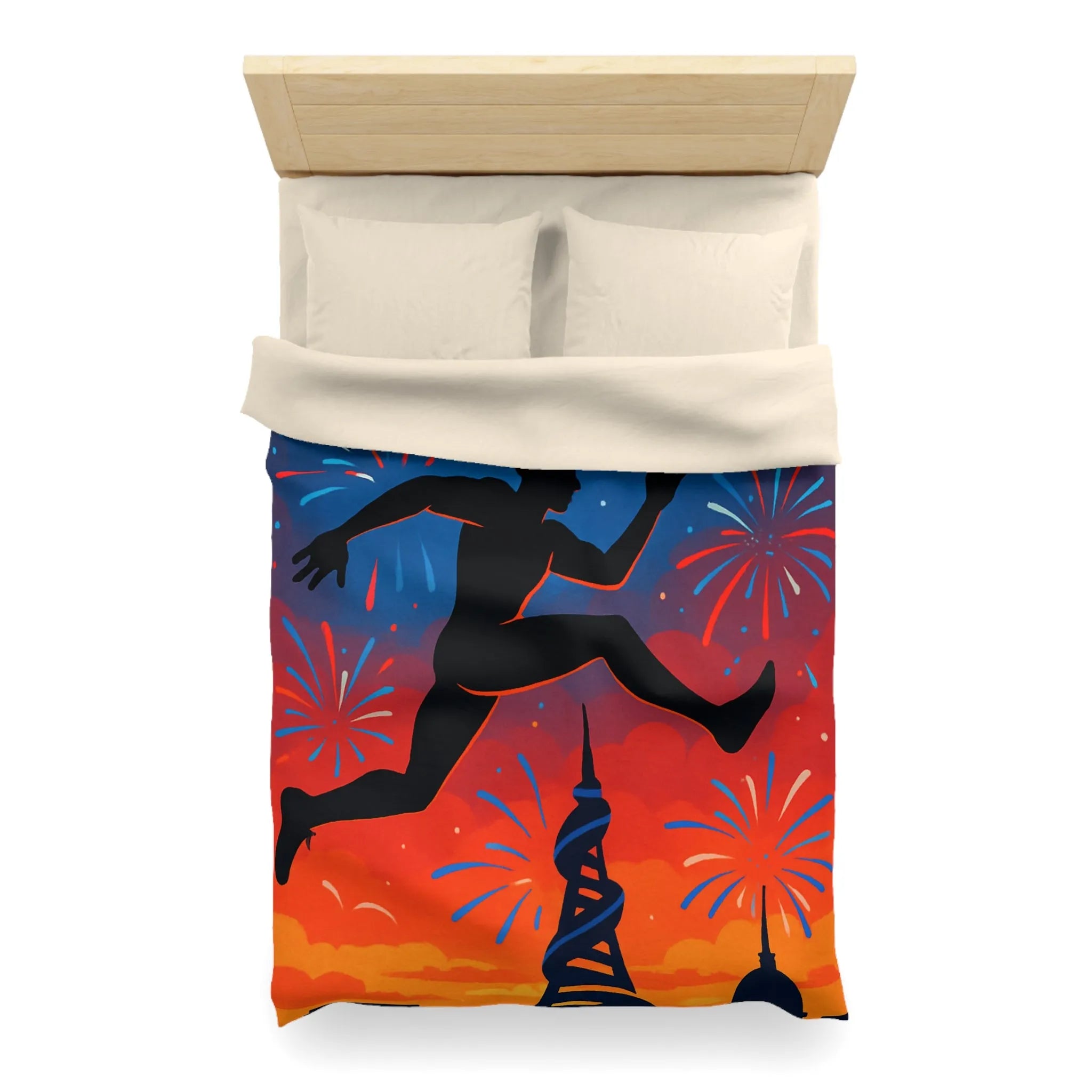 Housse de couette avec silhouette sportive et feux d'artifice, ambiance nocturne colorée