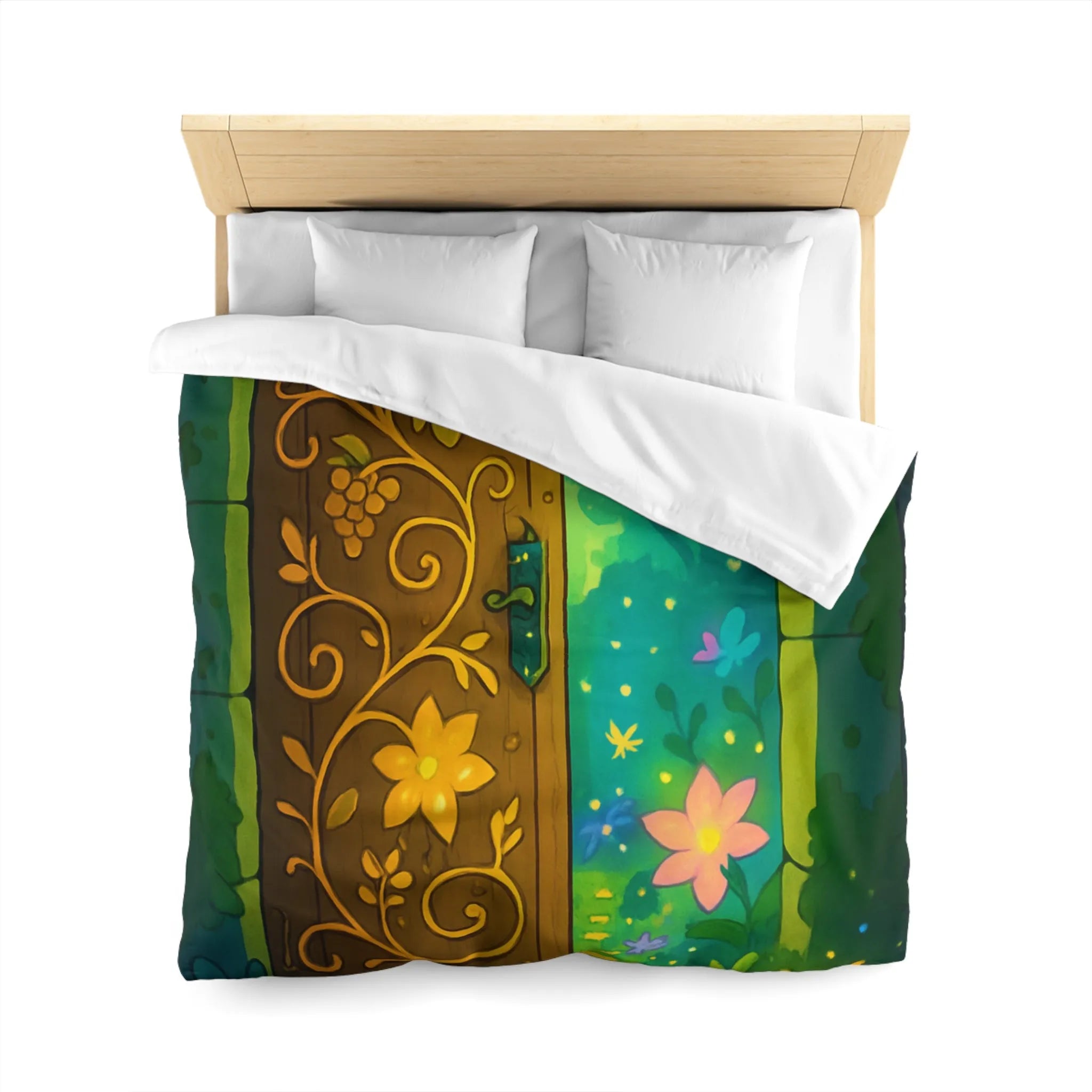 Housse de couette magique avec motif de porte mystique illuminée et papillons colorés