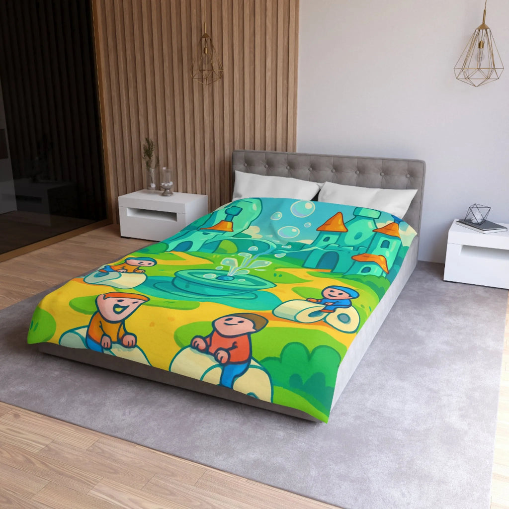 Housse de couette joyeuse avec château et enfants sur routes animées et colorées