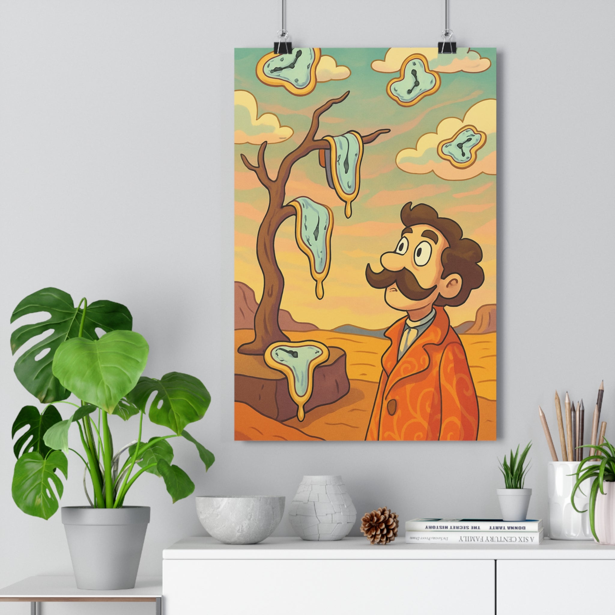 Poster décoratif surréaliste pastel rêveur horloger désertique salon bureau art mural élégant qualité premium
