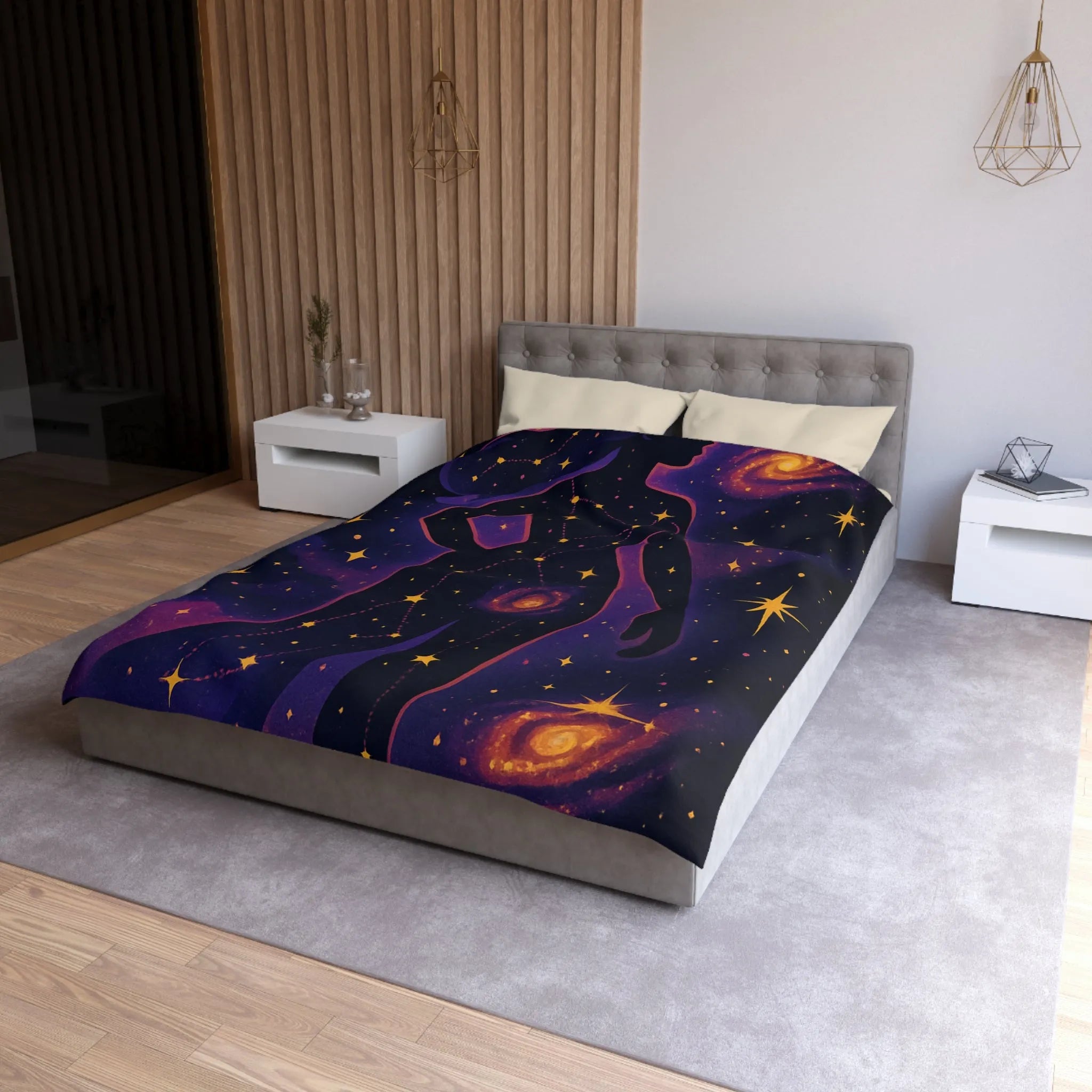 Housse de couette artistique silhouette femme constellation étoiles nébuleuses ambiance cosmique