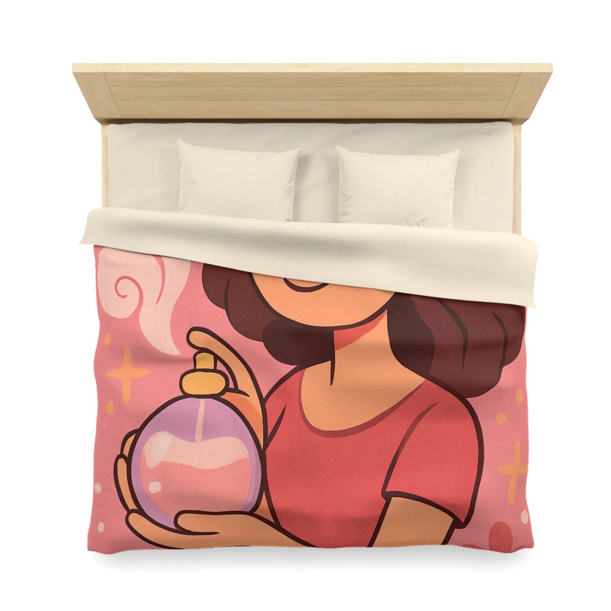 Housse de couette illustration parfum avec femme souriante tenue bouteille contre fond rose