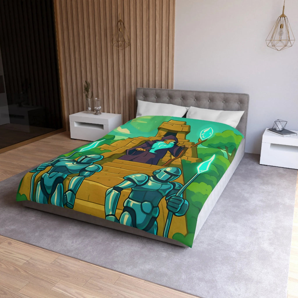 Enchanted Pyramid Landscape with Wizard and Glowing Guardians for Magical Bedding Decor