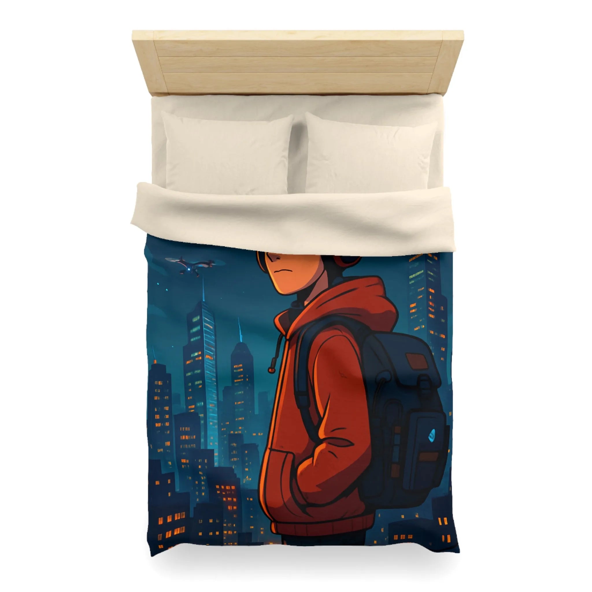 Housse de couette ado moderne nocturne avec personnage urbain et drones dans le ciel