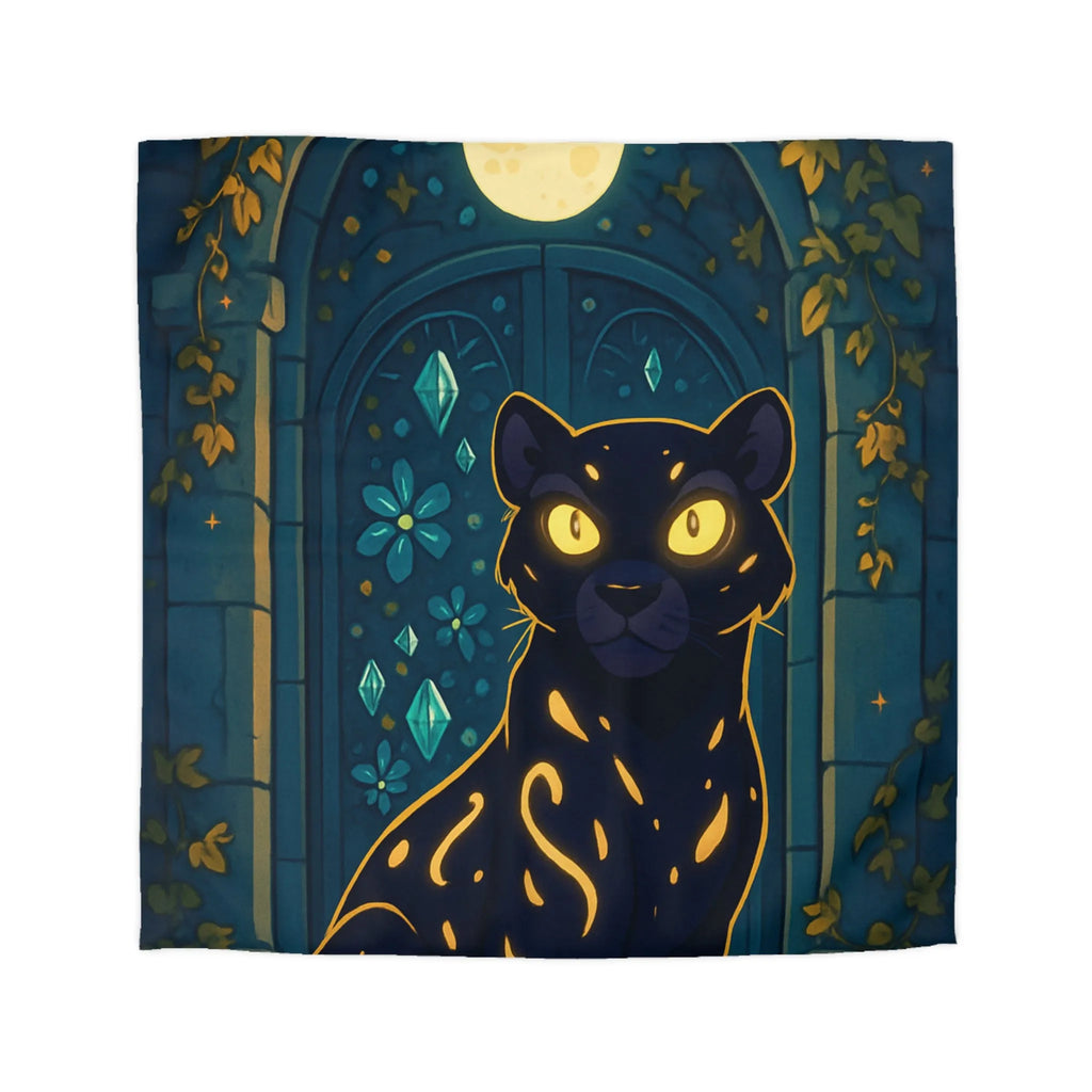 Housse de couette féline enchantée avec portail lunaire et arabesques dorées en forêt