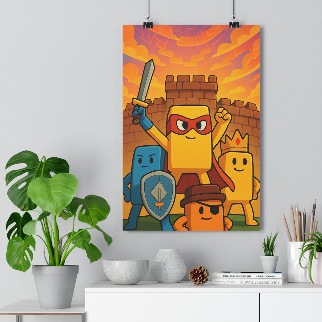 Poster décoratif cartoon héros jaune bleu aventure dynamique enfant chambre vibrant créatif artistique joyeux