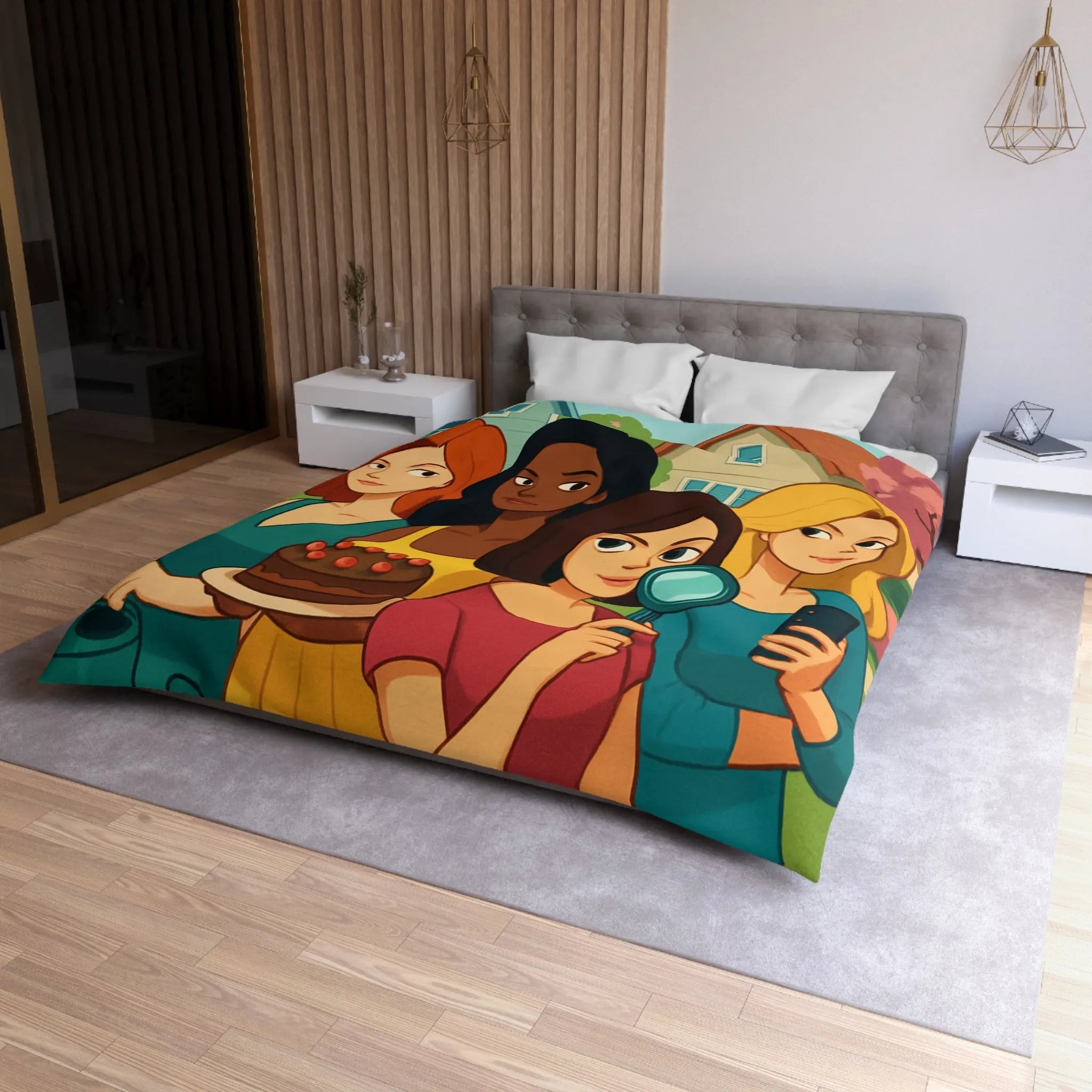 Housse de Couette Illustrée Fête Femme Jardin avec Loupe Gâteau et Téléphone