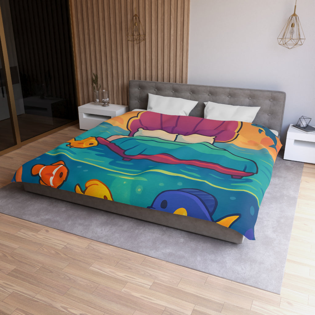 Housse de couette océan, lit coquillage, poissons tropicaux, ambiance coucher de soleil