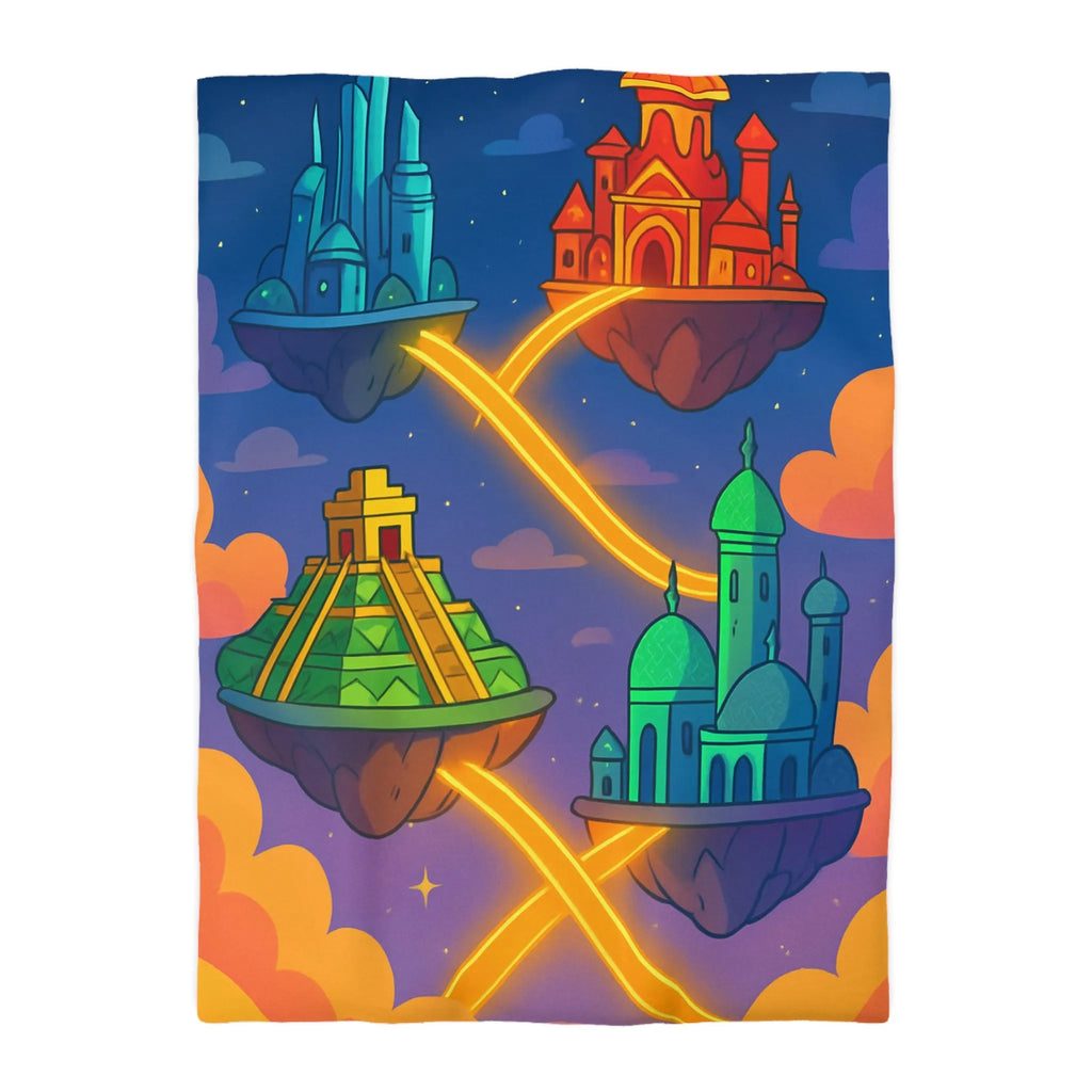 Housse de couette colorée avec design fantastique de villes flottantes lumineuses et oniriques