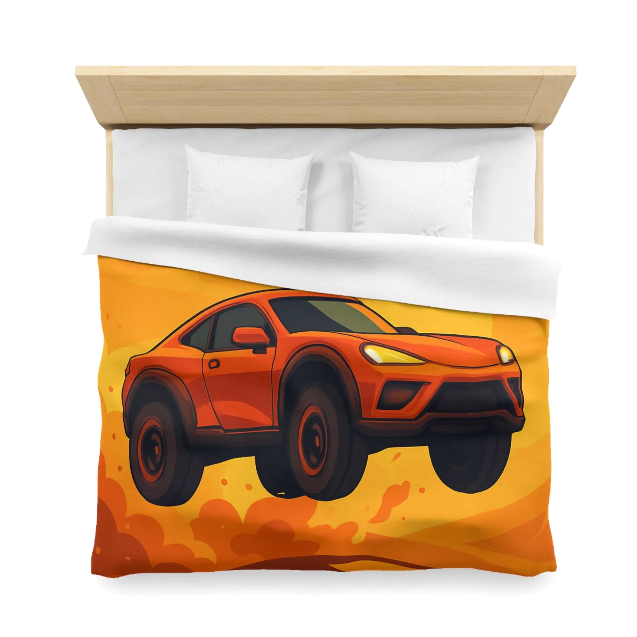 Housse de couette design voiture saut désert couleur orange coucher de soleil