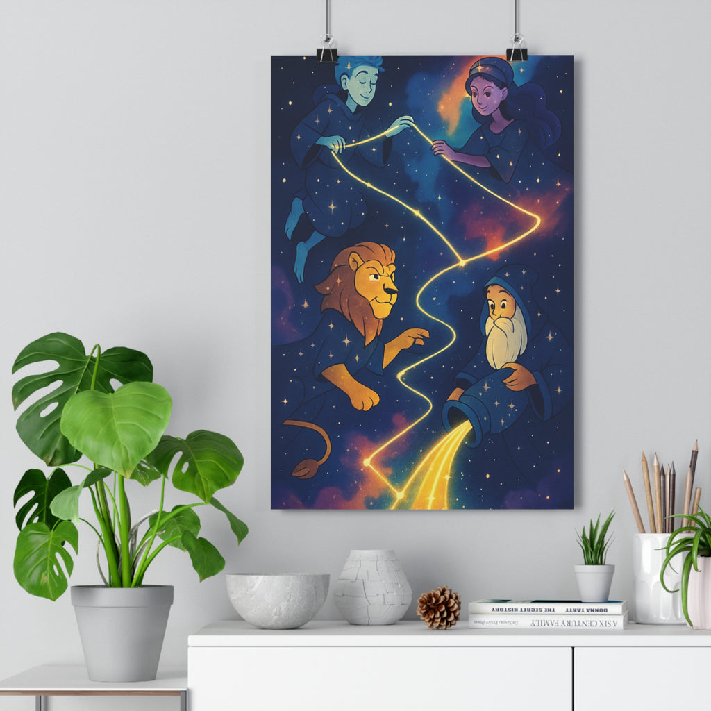 Poster décoratif mystique bleu doré chambre salon cosmos personnages magie rêve étoilé connexion ambiance