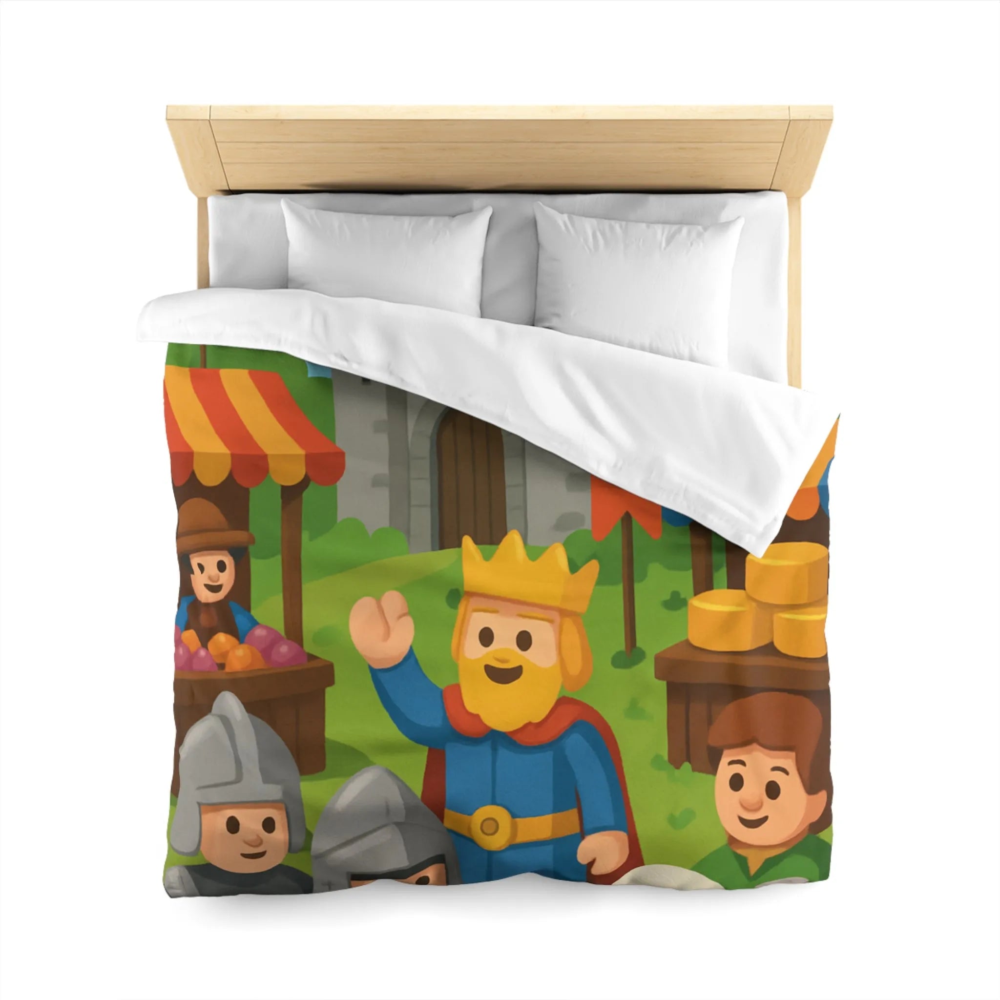 Housse de Couette Ludique Moyen Âge Château Roi et Marché Animé Coloré