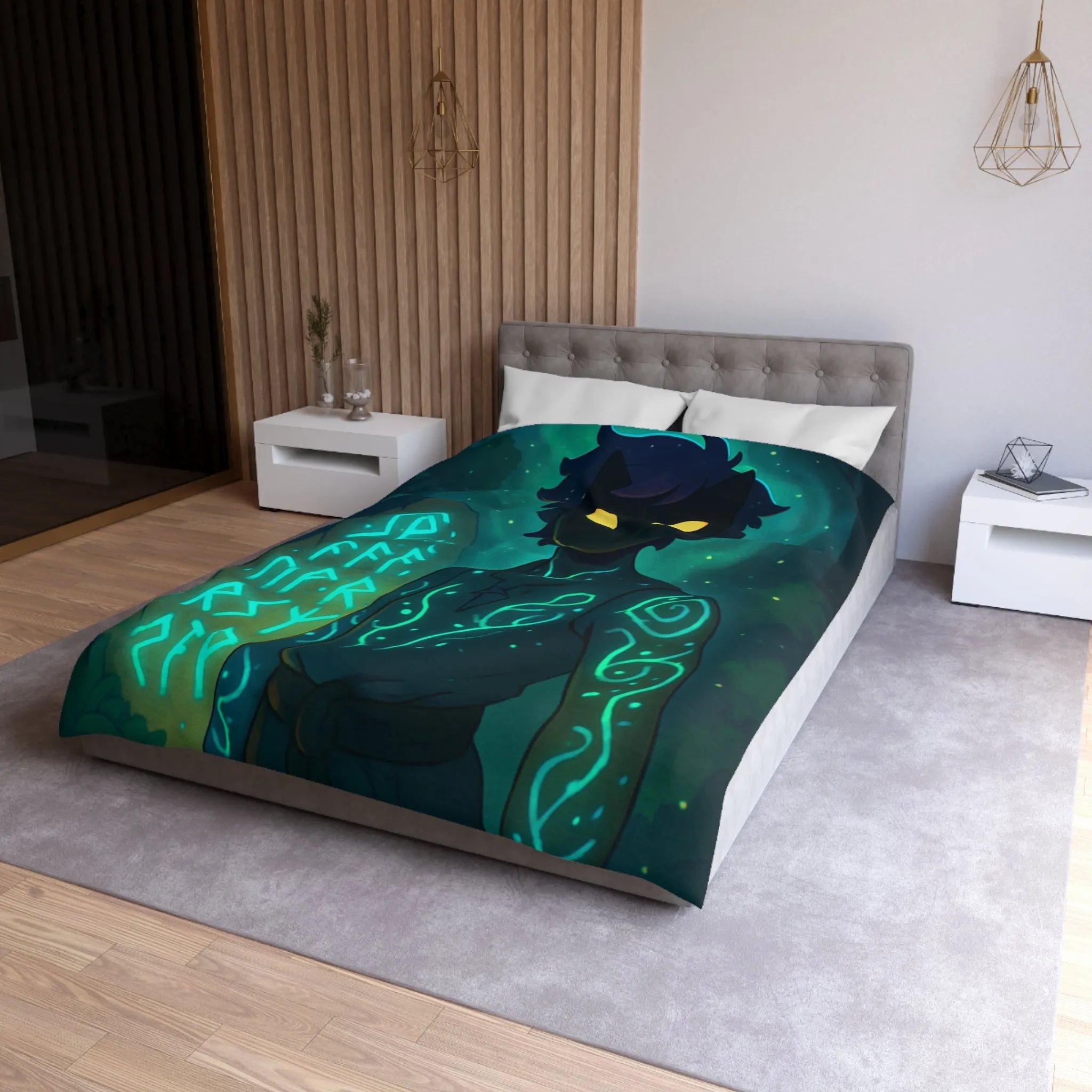 Housse de couette enchantée avec personnage masqué et runes dans une forêt mystique