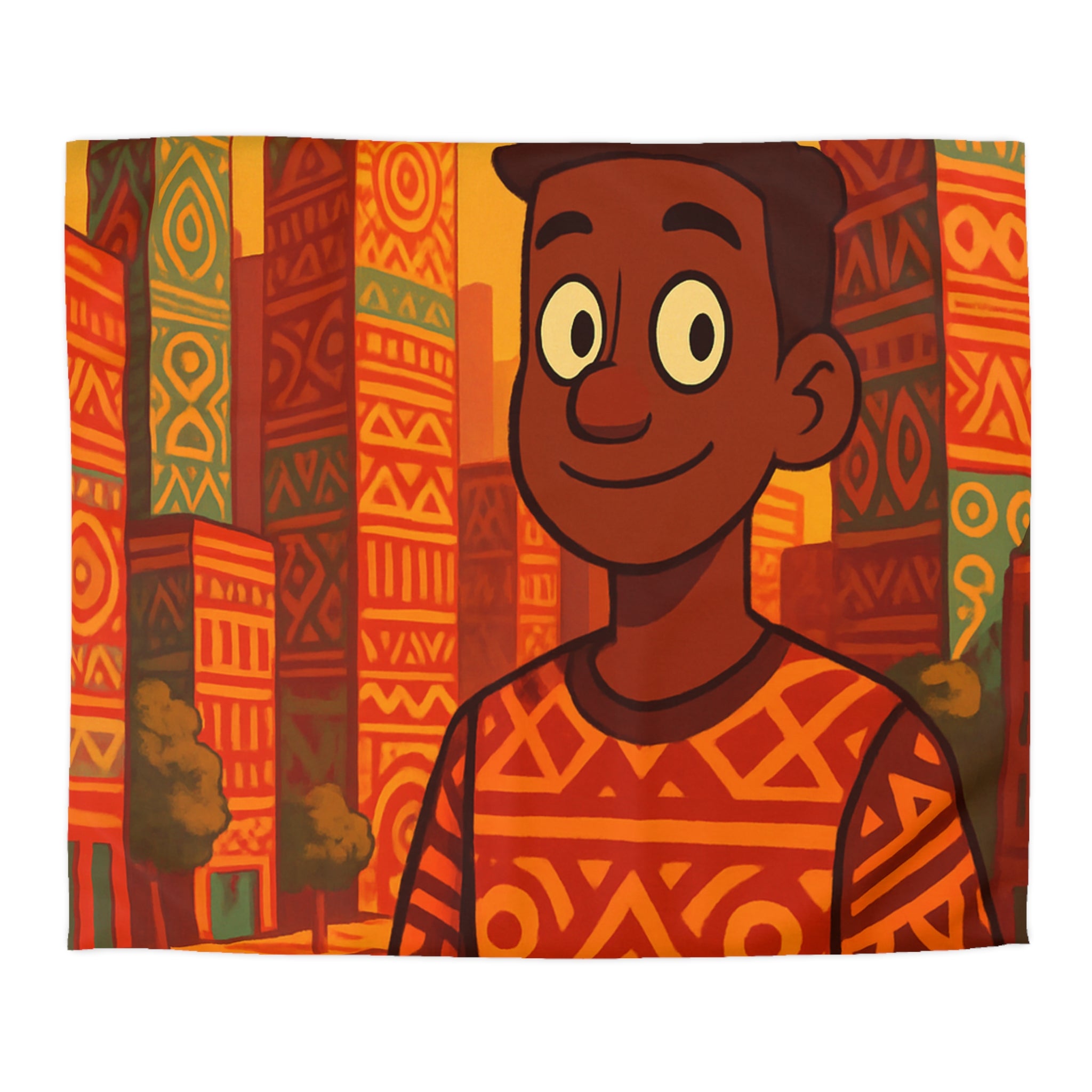 Housse de Couette Personnage Souriant avec Motifs Géométriques et Gratte-Ciel Colorés