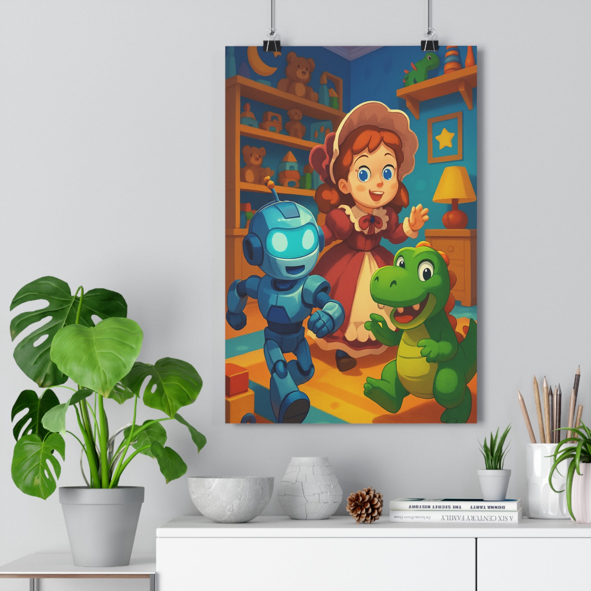 Poster décoratif chambre enfant rétro pastel joyeux scène jouets cartoon nostalgique poupée dinosaure robot