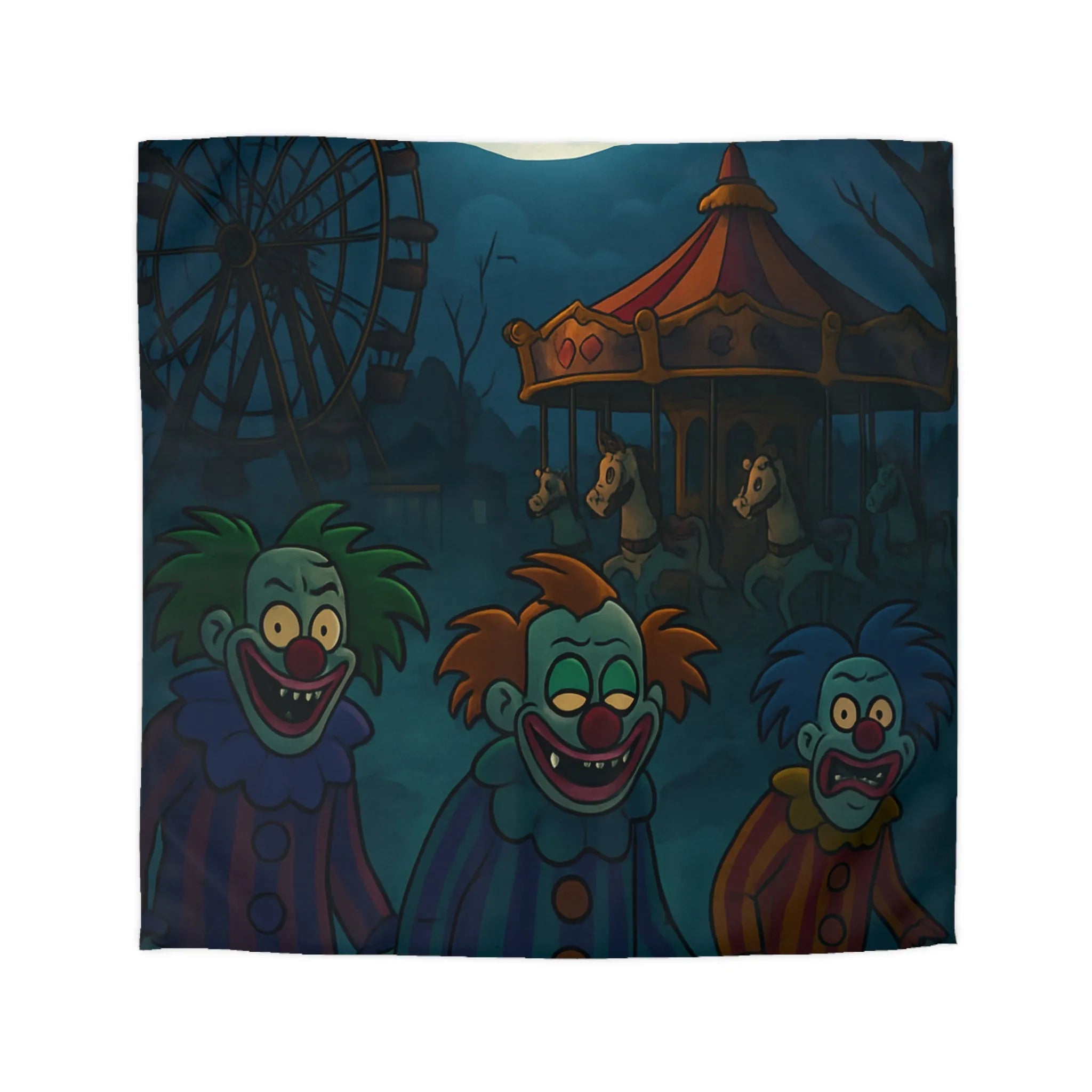 Housse de couette effrayante avec clowns sinistres et pleine lune, ambiance terrifiante