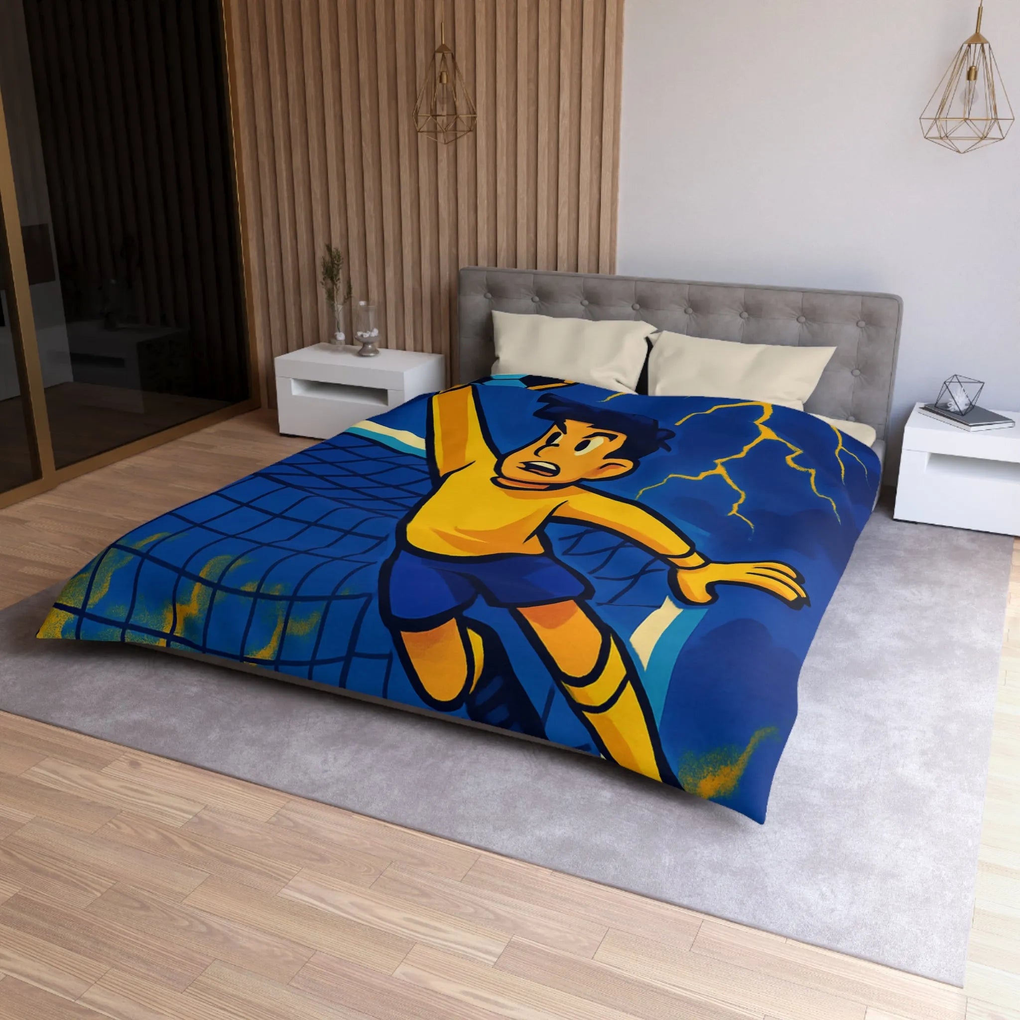 Housse de couette colorée, illustration de footballeur en action, idéale pour chambre d'enfant