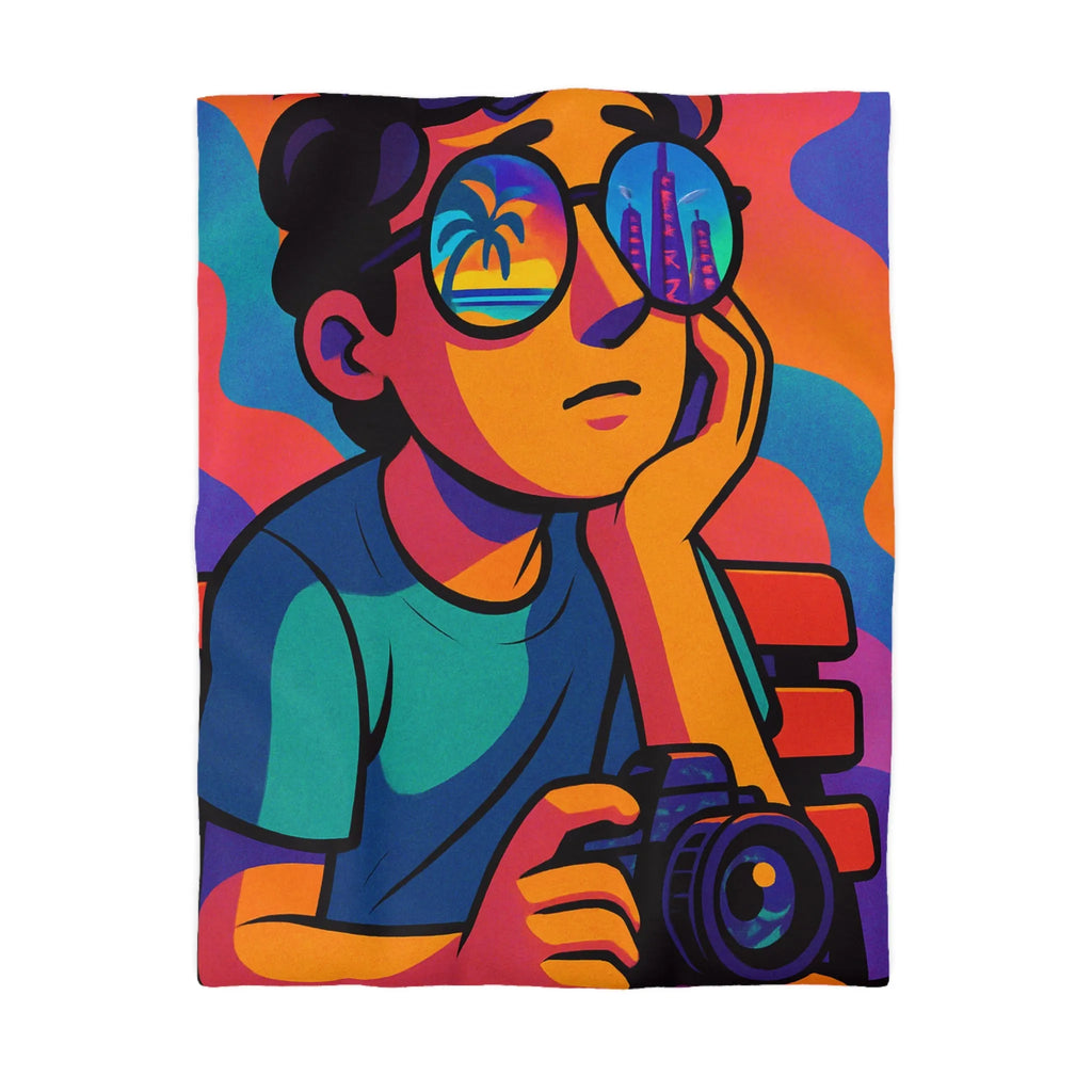 Housse de couette animée jeune rêveur lunettes de soleil et appareil photo colorés