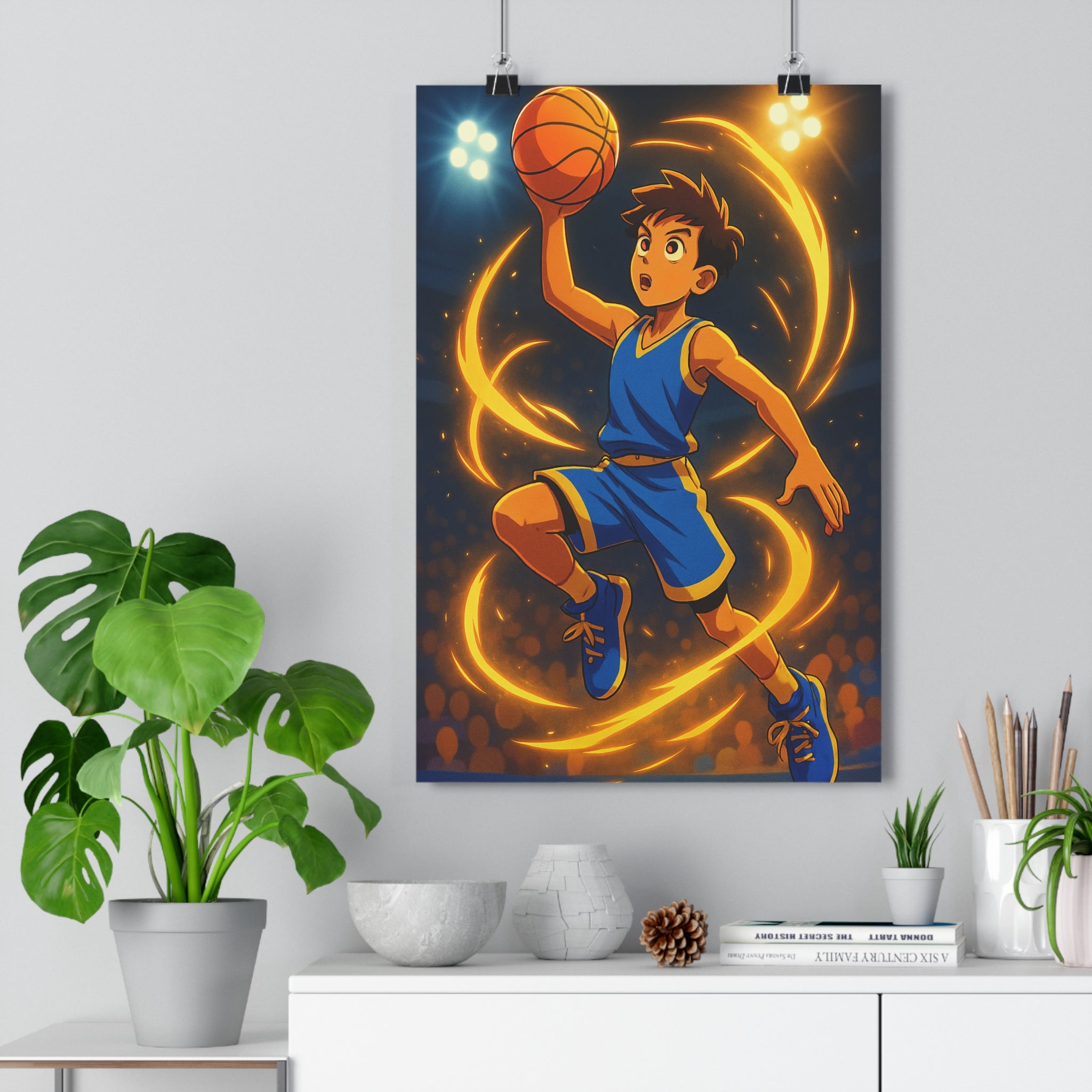 Poster décoratif joueur basketball saut bleu orange cartoon dynamique chambre enfant format moderne énergie