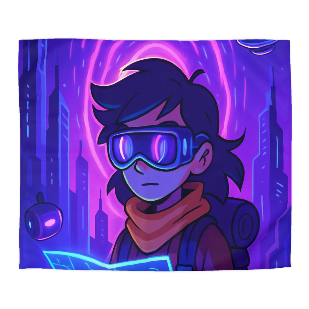 Housse de couette bleue violette style futuriste avec personnage et carte néon