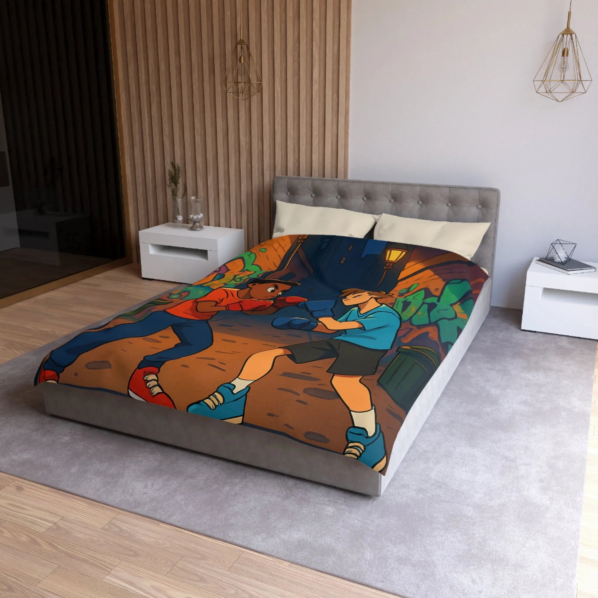 Housse De Couette Boxe Enfantine Nuit Sur Rue Graffitée Avec Lampadaires Illuminés