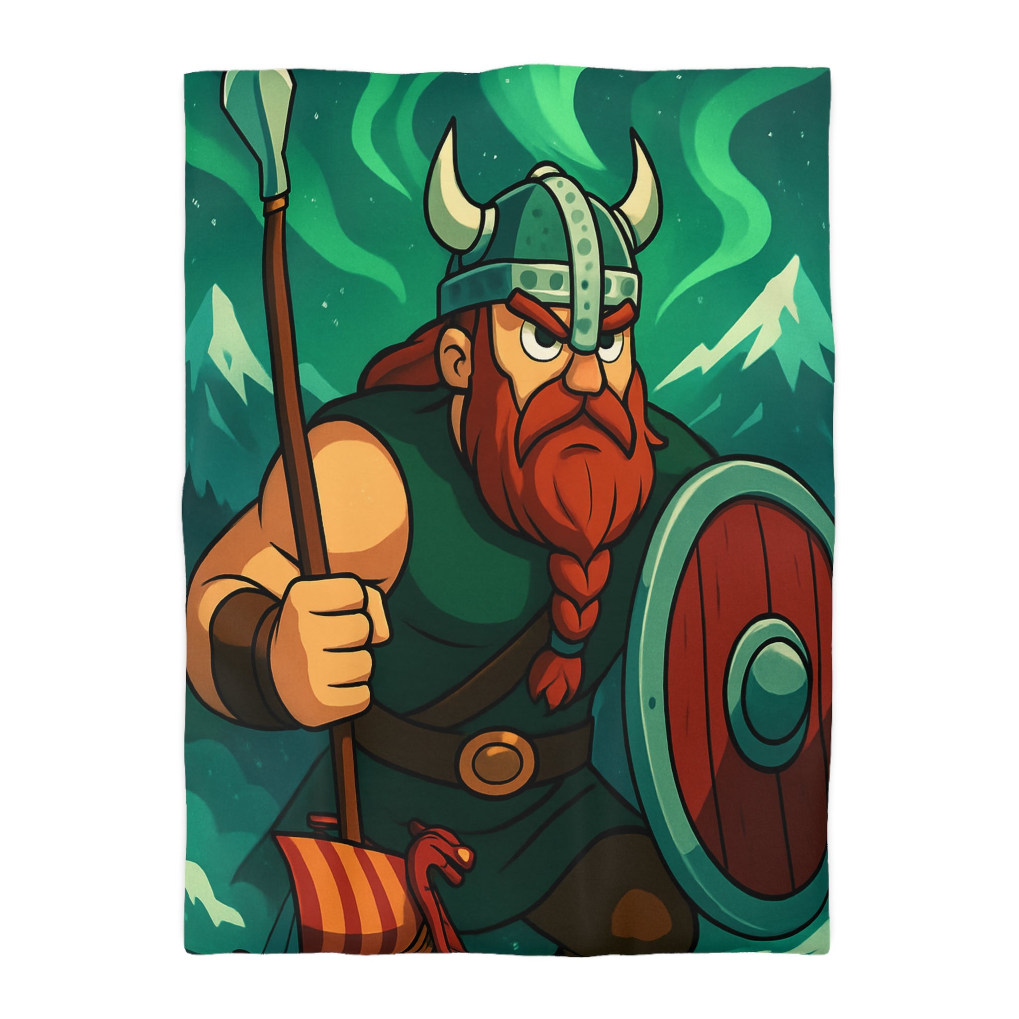 Housse de Couette Viking Illustration avec Guerrier Nordique, Montagne et Aurore Boréale