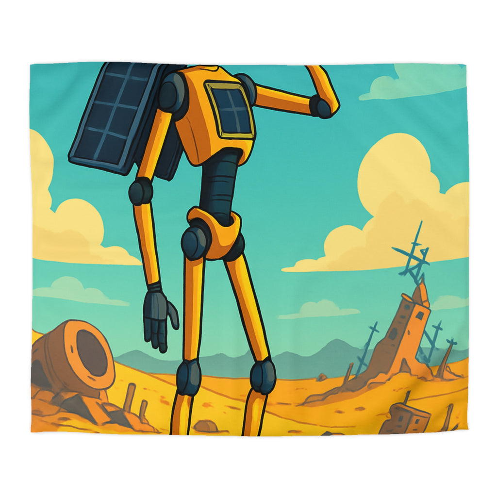 Housse de couette robot jaune explorateur dans désert post-apocalyptique avec oiseau