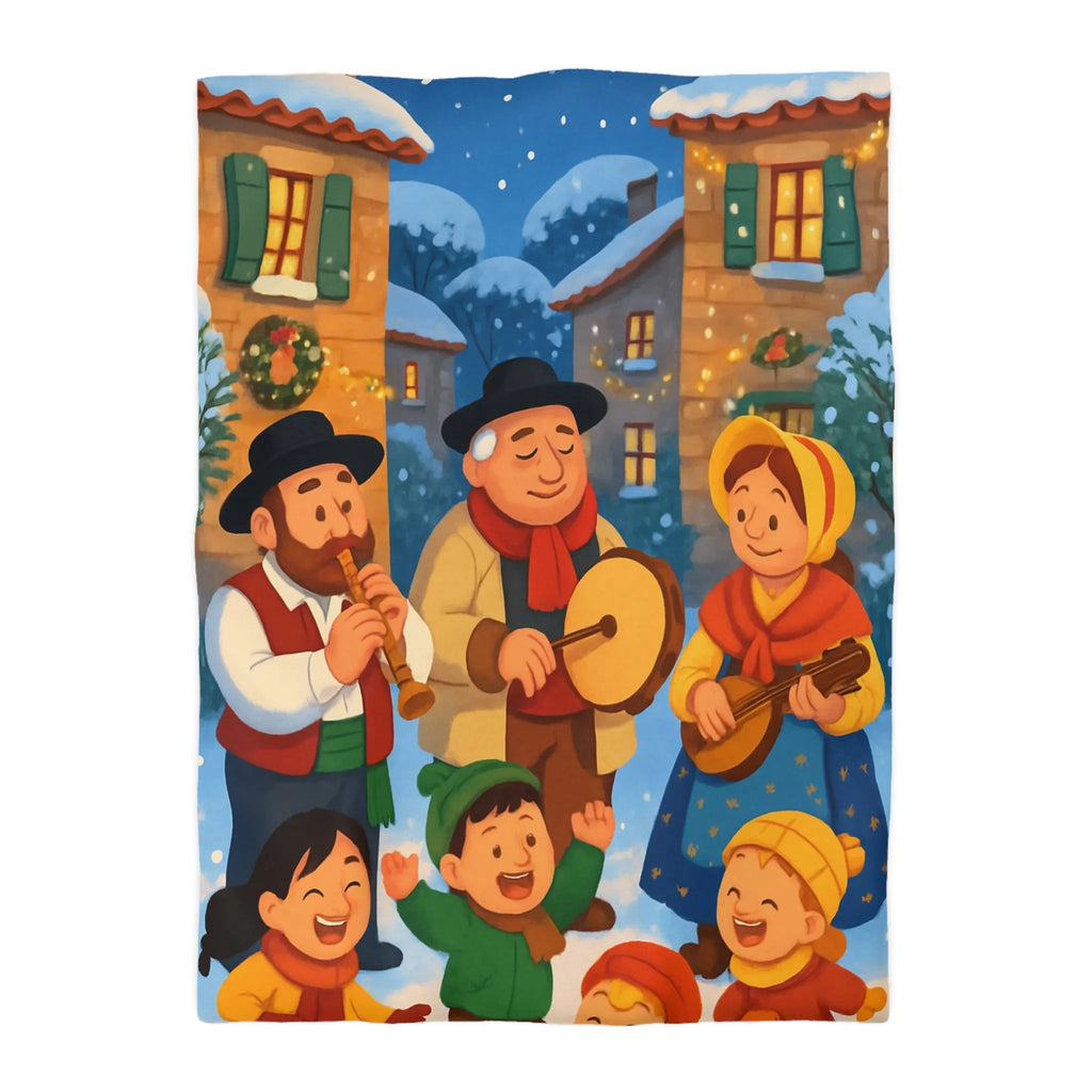 Housse de couette festive avec village enneigé et musiciens pendant l’hiver joyeux