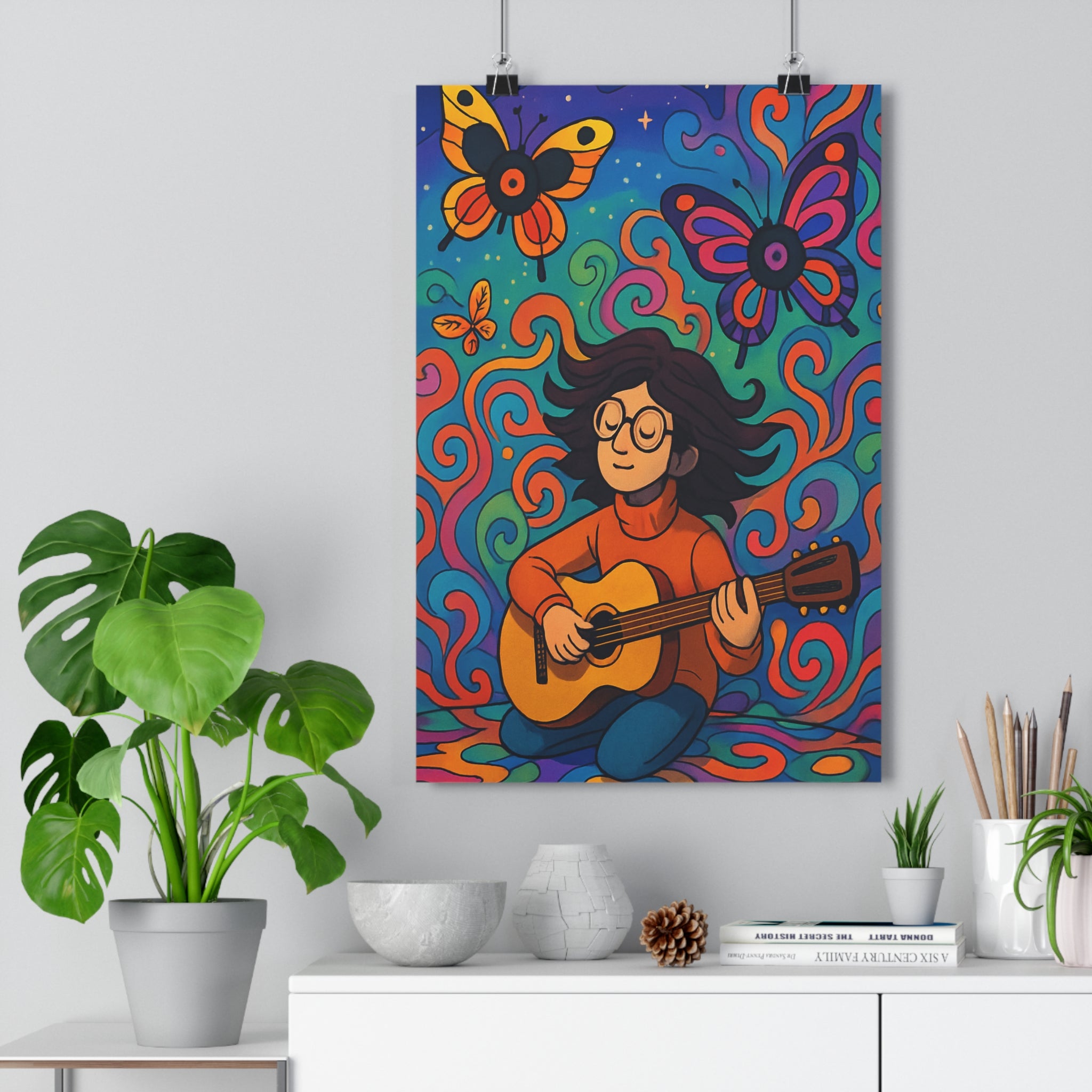 Poster décoratif psychédélique années 70 vintage coloré bleu orange violet rêveur salon chambre qualité