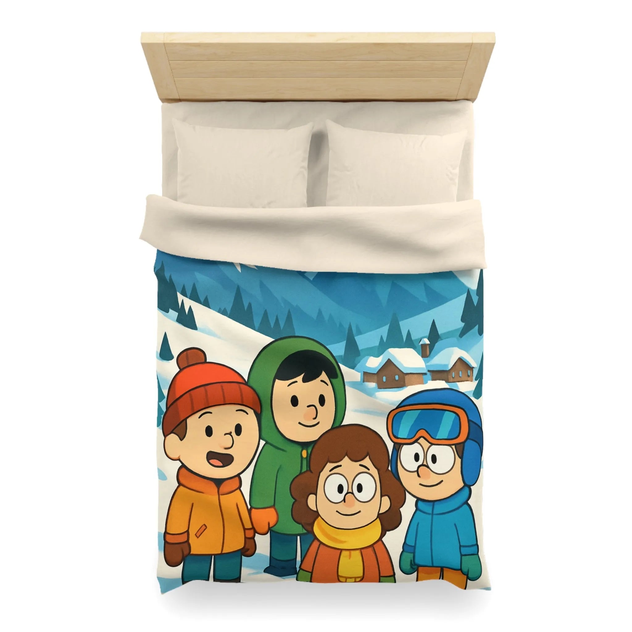 Housse de couette avec enfants joyeux et montagnes enneigées pour chambre d'enfant