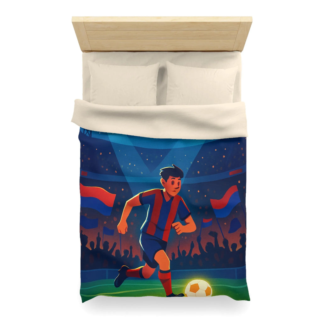 Housse de couette colorée illustrant un joueur de football vibrant sous les projecteurs nocturnes