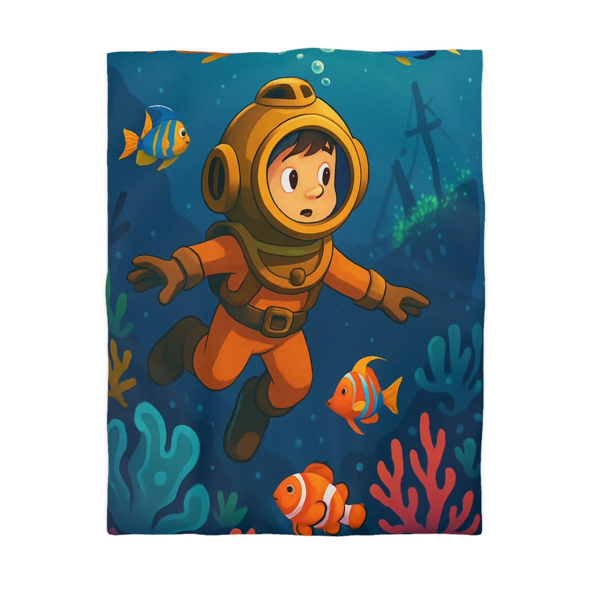 Housse de couette colorée enfant : plongeur sous-marin, poissons tropicaux et épave mystérieuse