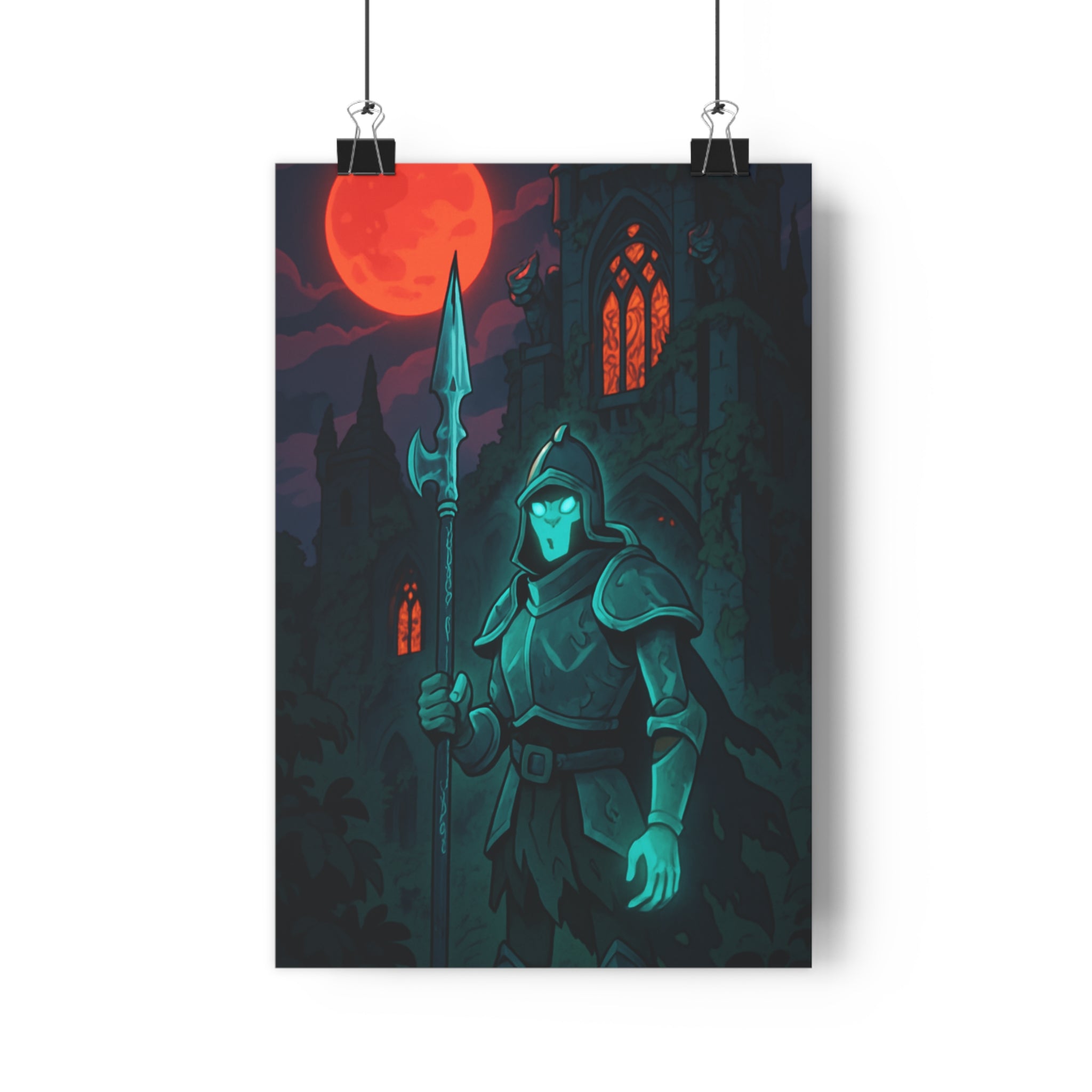 Poster décoratif gothique mystique chevalier fantomatique rouge noir lune ancienne chambre tendance ambiance captivante