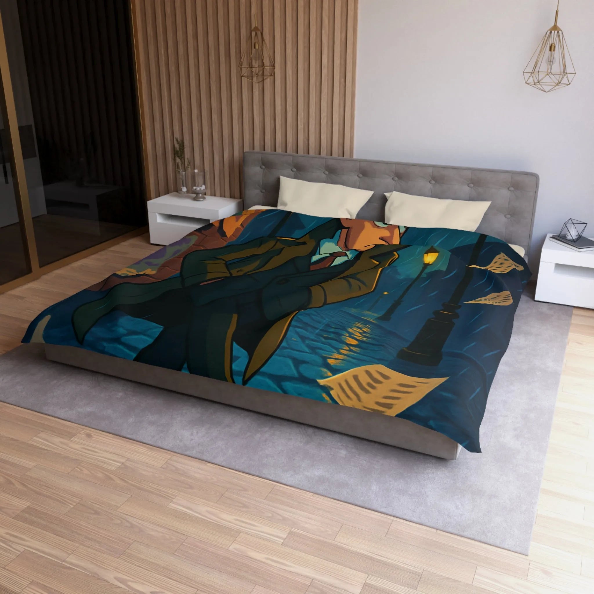 Housse de couette élégante avec détective mystérieux sous la pluie pour ambiance rétro