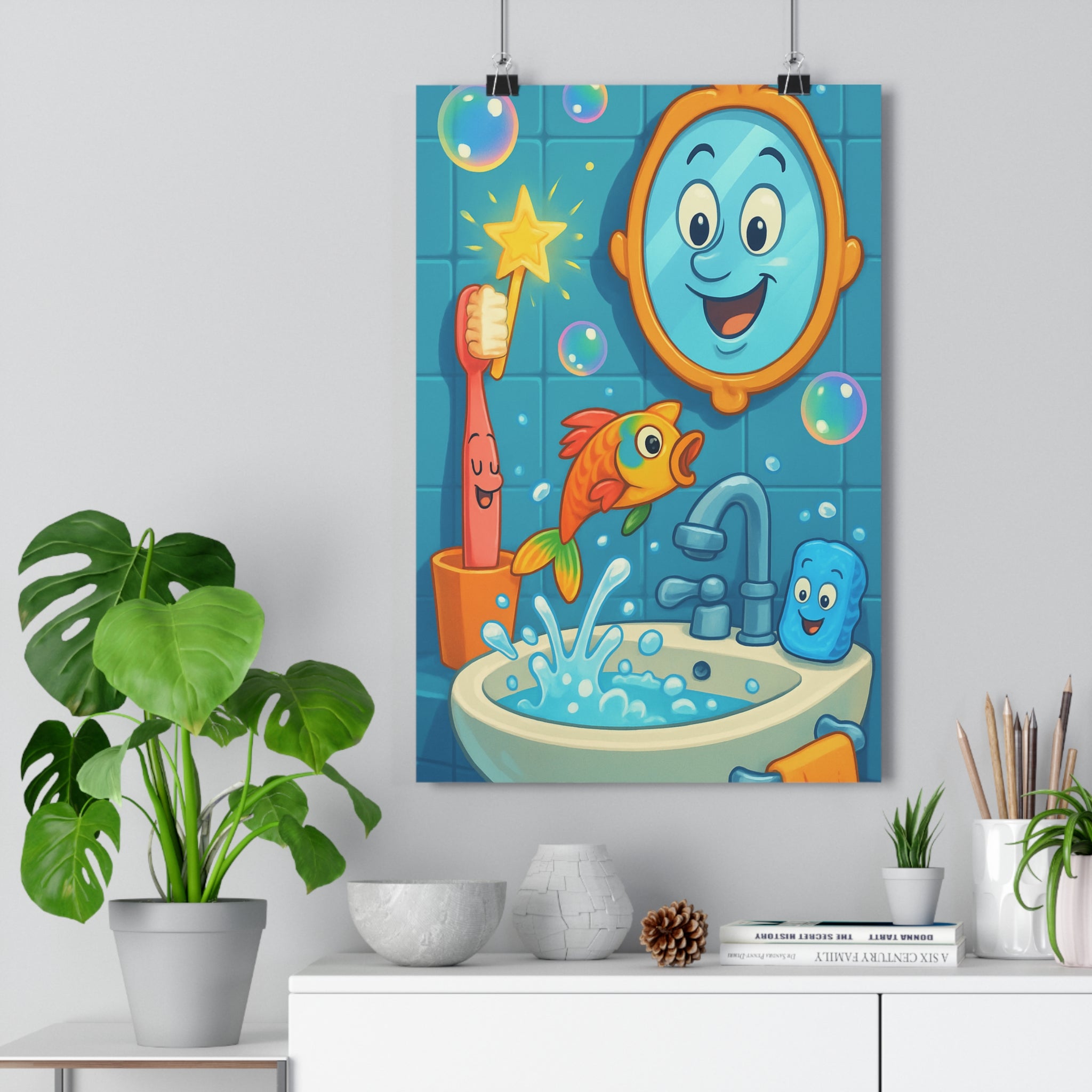 Poster décoratif salle bain dessin animé aventure joyeuse bleu orange jaune moderne enfant vibrant