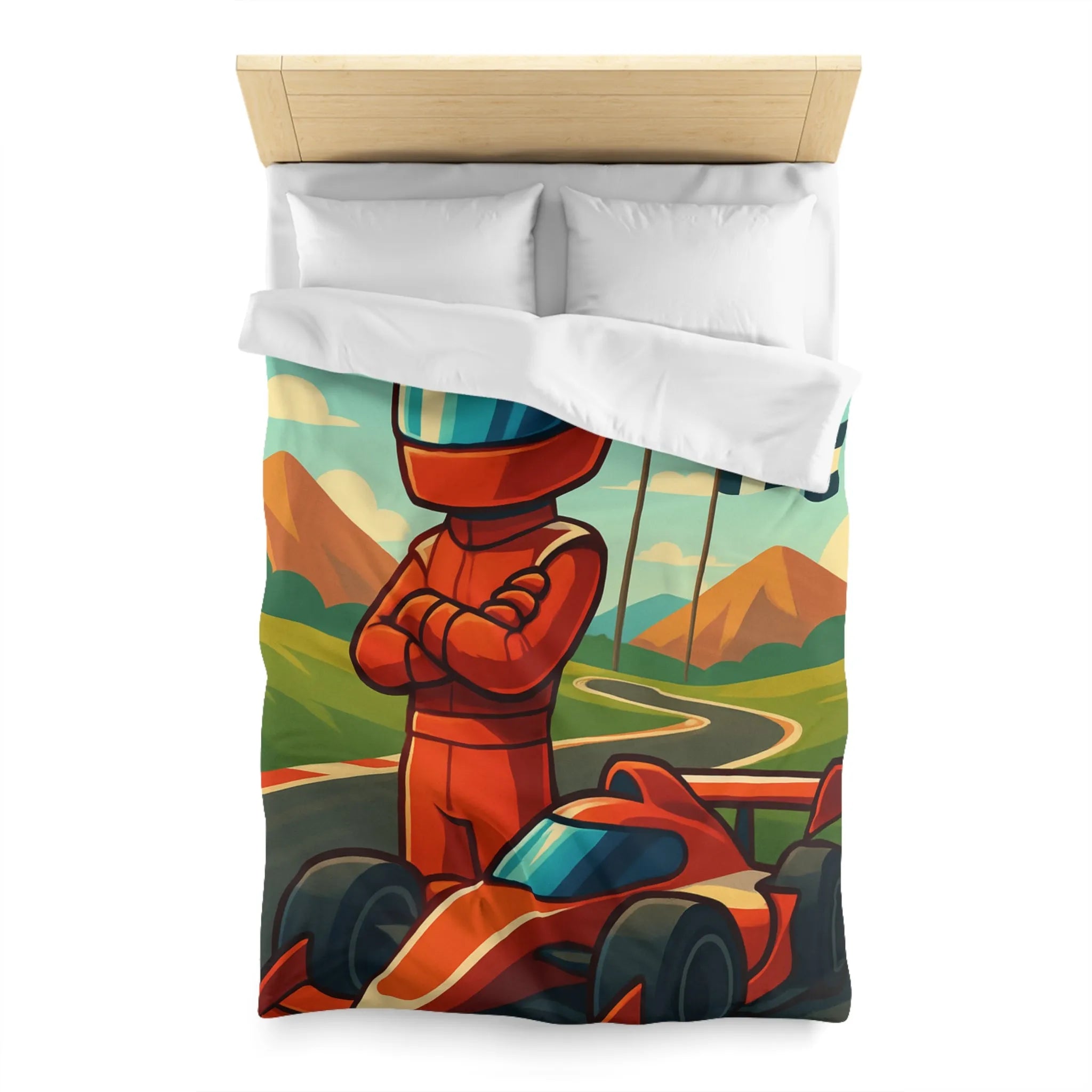 Housse de Couette avec Motif de Voiture de Course et Paysage Coloré pour Enfants