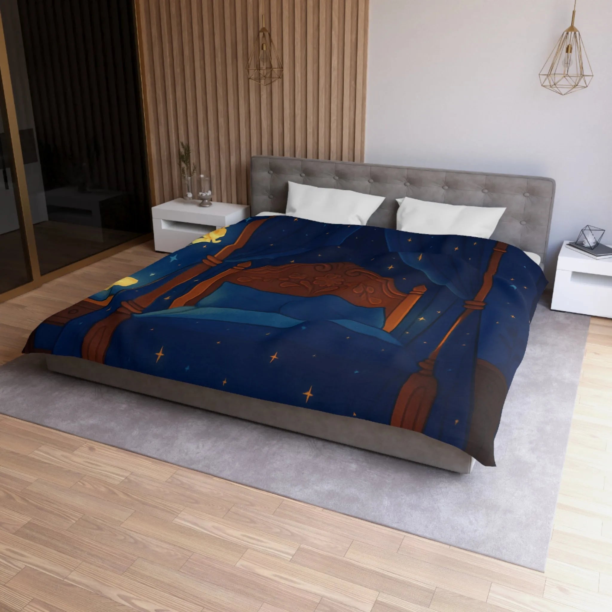Housse de couette bleue étoilée avec fées et chat endormi, ambiance féérique