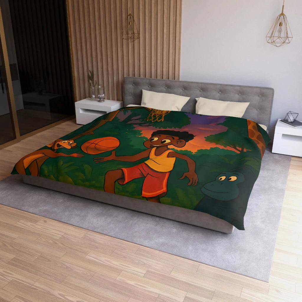 Housse de couette enfant jungle colorée avec garçon jouant au basket et animaux amusants